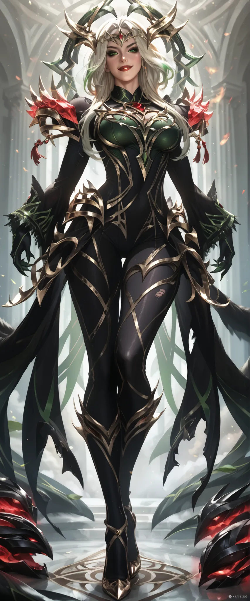 score_9, score_8_up, score_7_up, score_6_up, hela_rivals, 1girl, solo, bodysuit, armor, green eyes, helmet, spiked helmet, green details, big breasts, black bodysuit, nipple bulge, torn bodysuit, red lips, long legs, full body, high heels, claws, shoulder ...