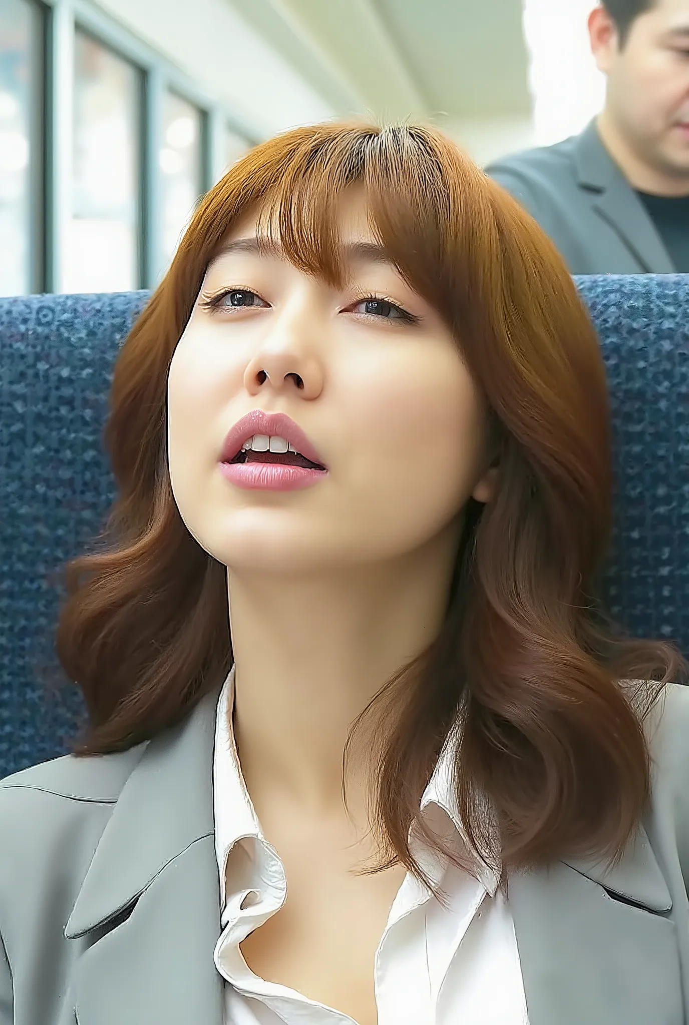     beautiful brown-haired woman closing her eyes and shouting  , Commuter trains in Japan,Crowded car interior,  business suit wearing a white shirt 、Wide chest , (( Beautiful Actress Cum   )) ,    Closeup with Her Eyes Closed   , (  8K Ultra HD :0.8),   ...