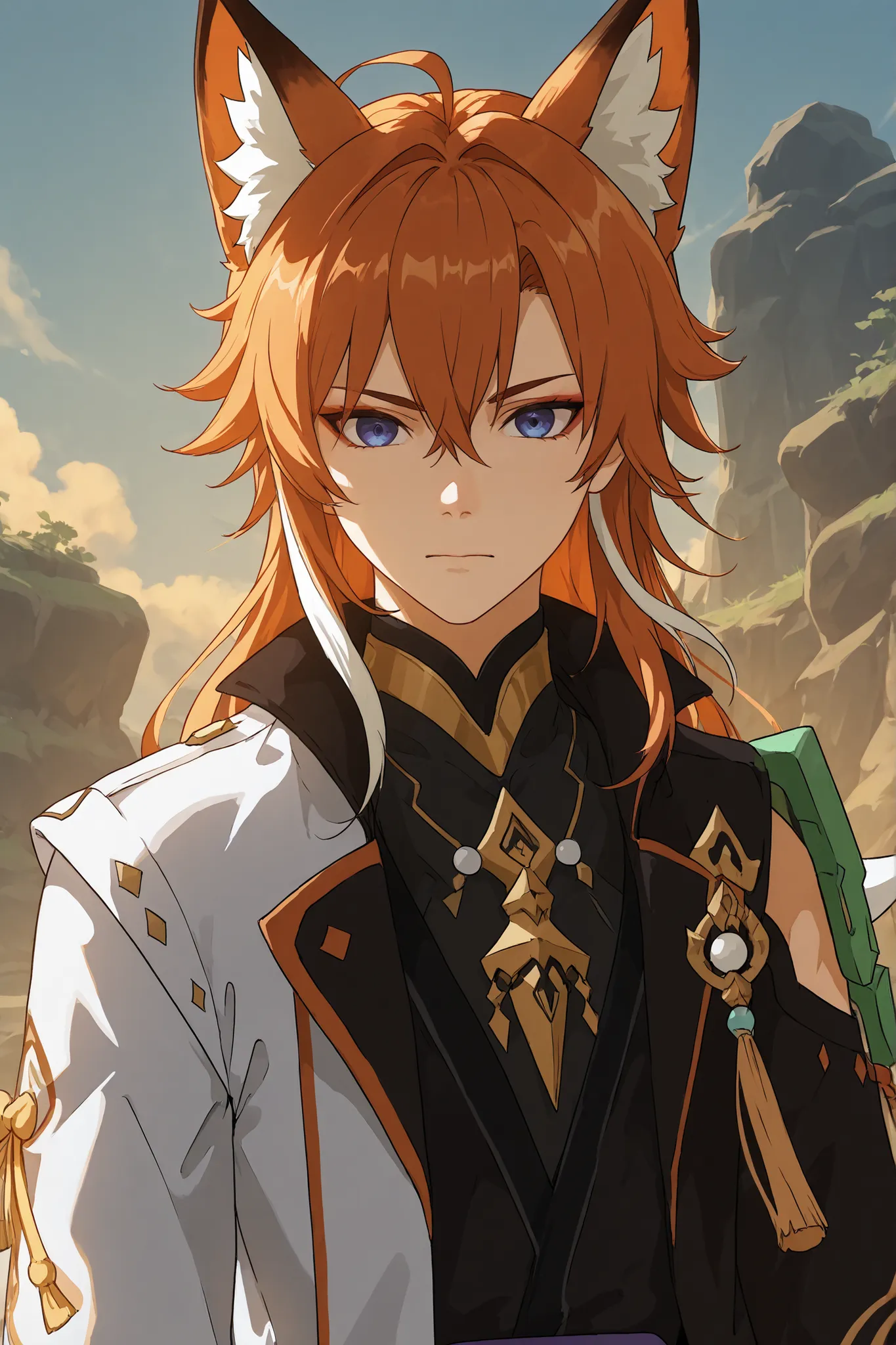 Orange haired boy with white highlights, Big fox ears, cabelo longo, black Japanese jacket with details and symbols, pele clara, olhos verde, 3 caldas de raposa, photorealistic detailed serious expression, Genshin Impact