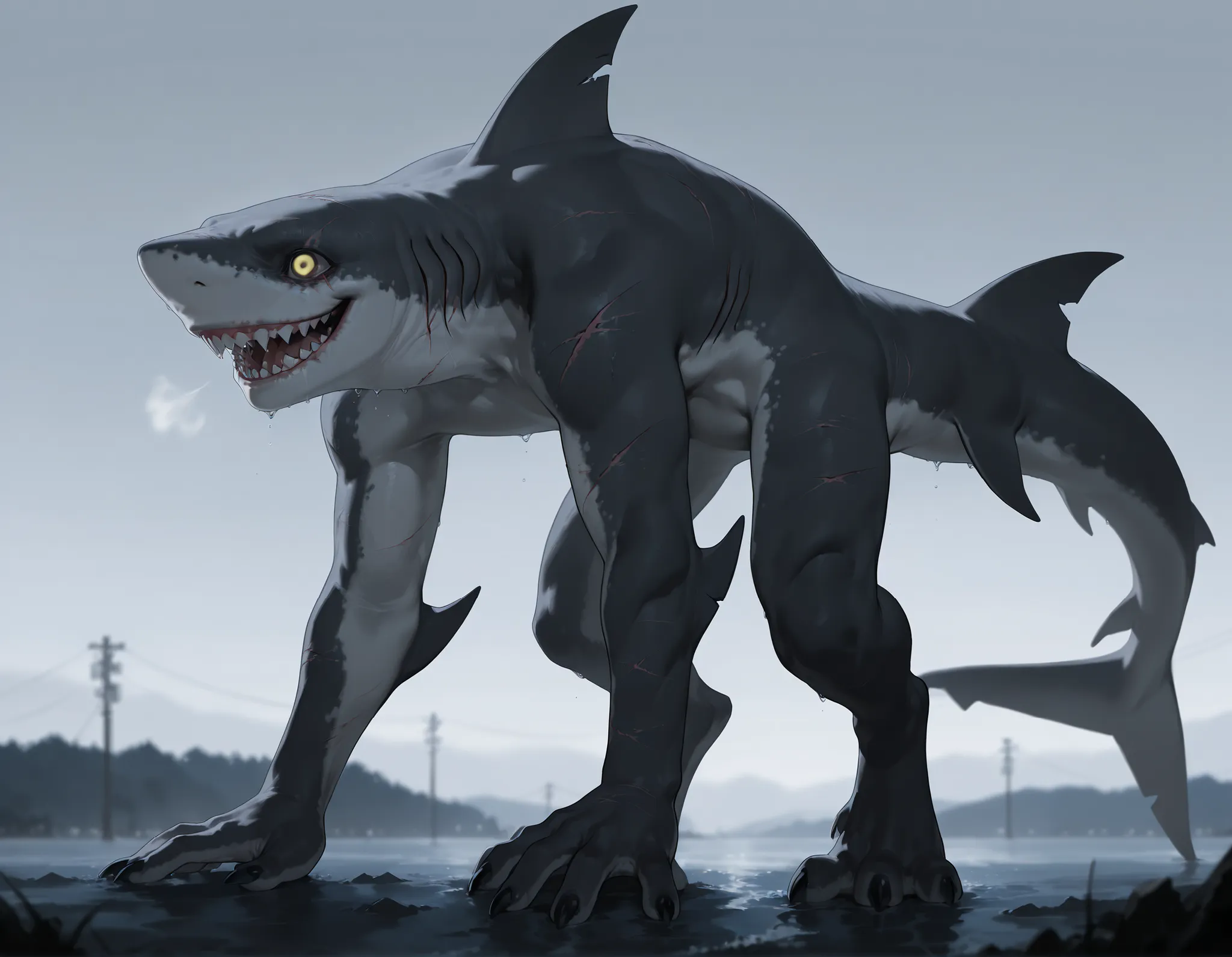 masterpiece, best quality, amazing quality, very aesthetic, absurdres, newest, scenery, extreme detail, 8k, anthro, shark, solo, gray color, empty eyes, yellow eyes, by Riolutiny, scars like stitches, friendly and approachable appearance, with soft rounded...