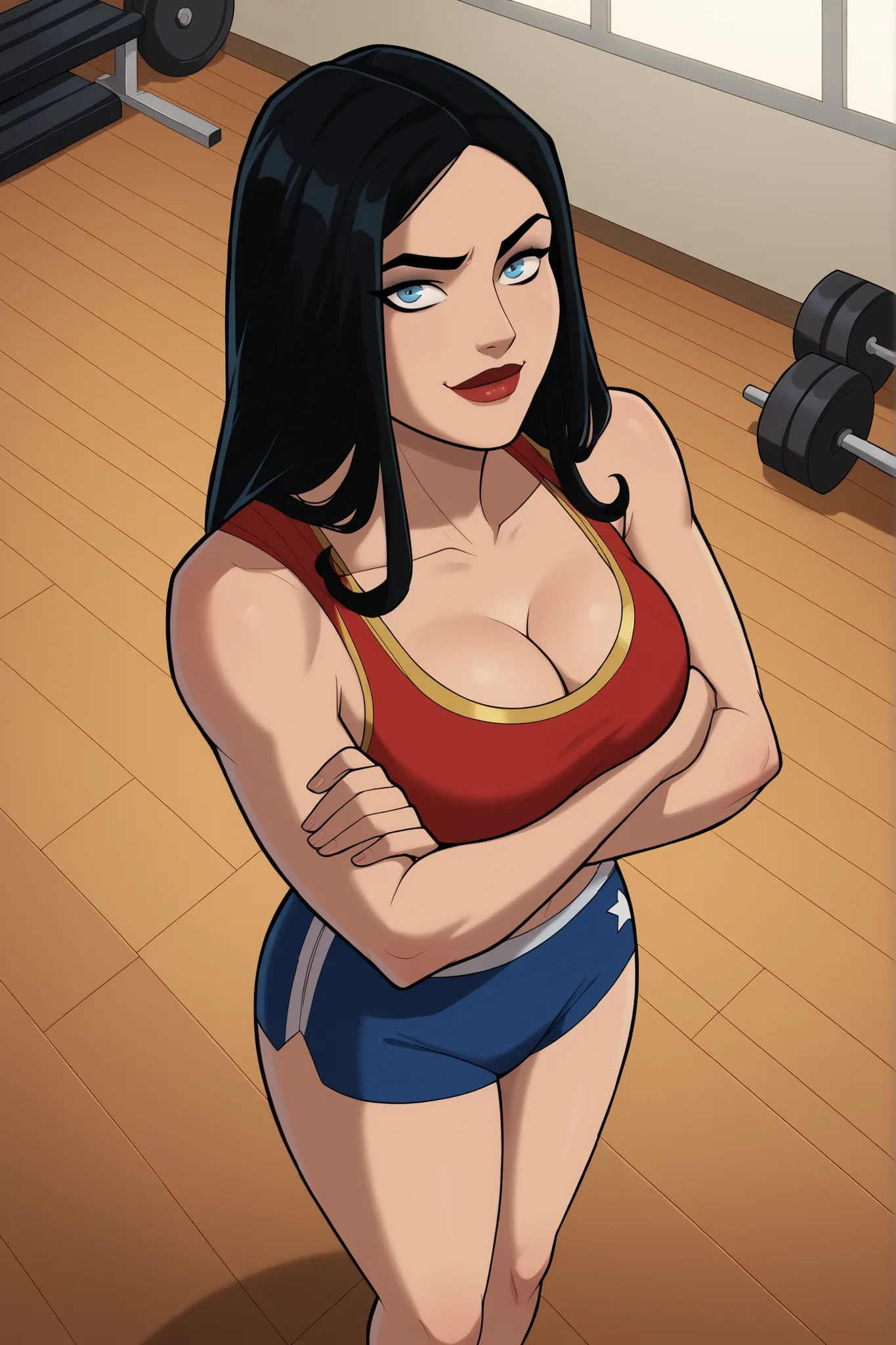 safe_pos, score_9, score_8_up, score_7_up, score_6_up, BREAK, solo, 1girl, wonderwoman, long hair, black hair, blue eyes, large breasts, cleavage, curvy, athletic, smile, closed mouth, bedroom eyes, sultry expression, looking at viewer, wide hips, lipstick...