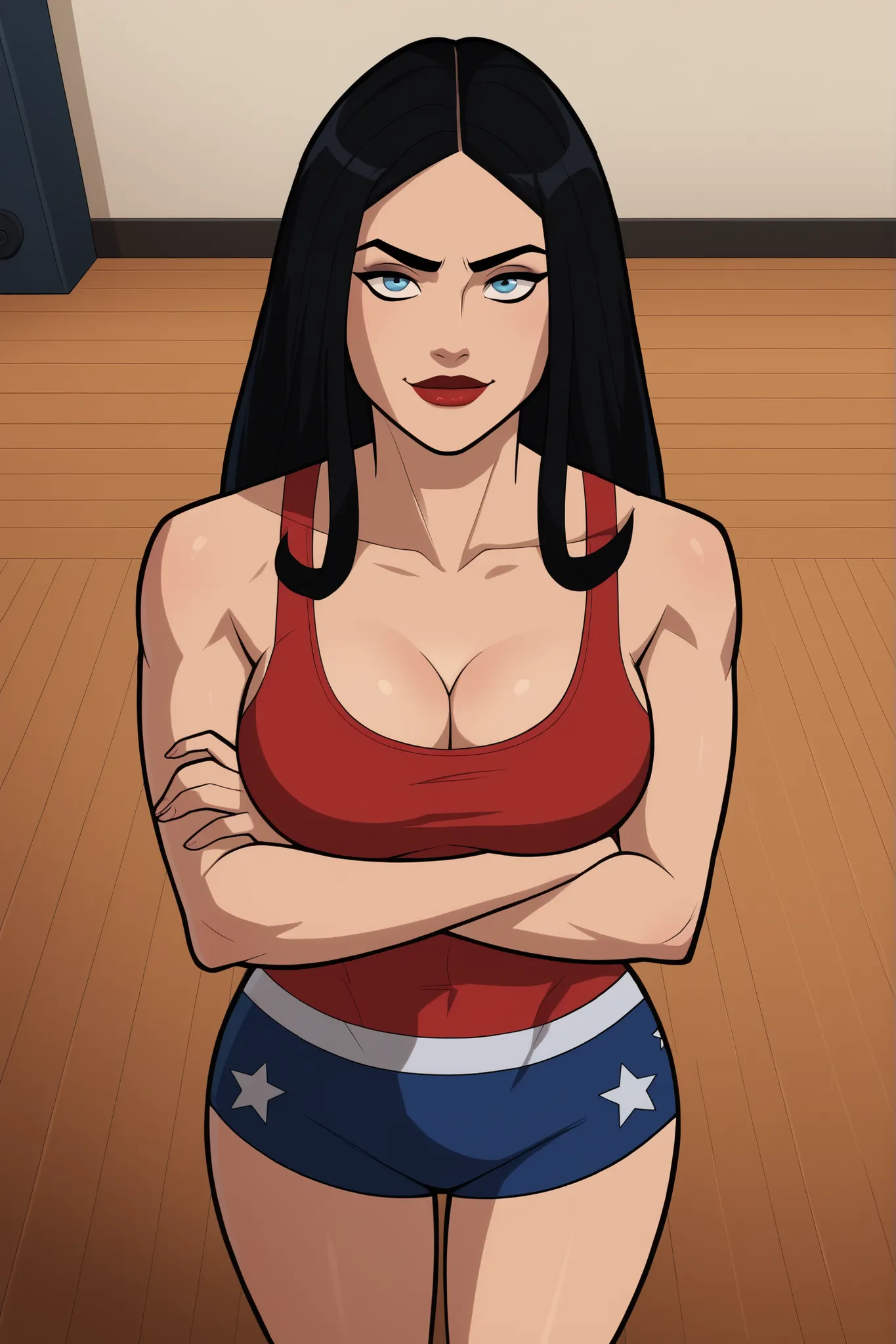 safe_pos, score_9, score_8_up, score_7_up, score_6_up, BREAK, solo, 1girl, wonderwoman, long hair, black hair, blue eyes, large breasts, cleavage, curvy, athletic, smile, closed mouth, bedroom eyes, sultry expression, looking at viewer, wide hips, lipstick...