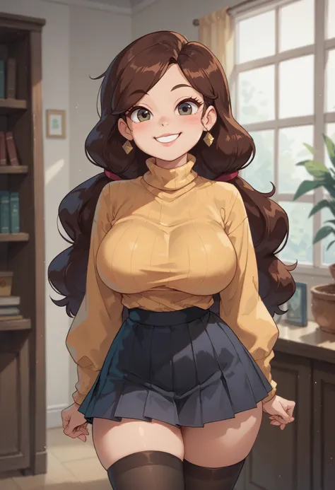 angie diaz, solo, half body, long hair, large breasts, wide hips, blush, happy smile, yellow turtleneck sweater, black pleated skirt, black stockings, standing, indoor