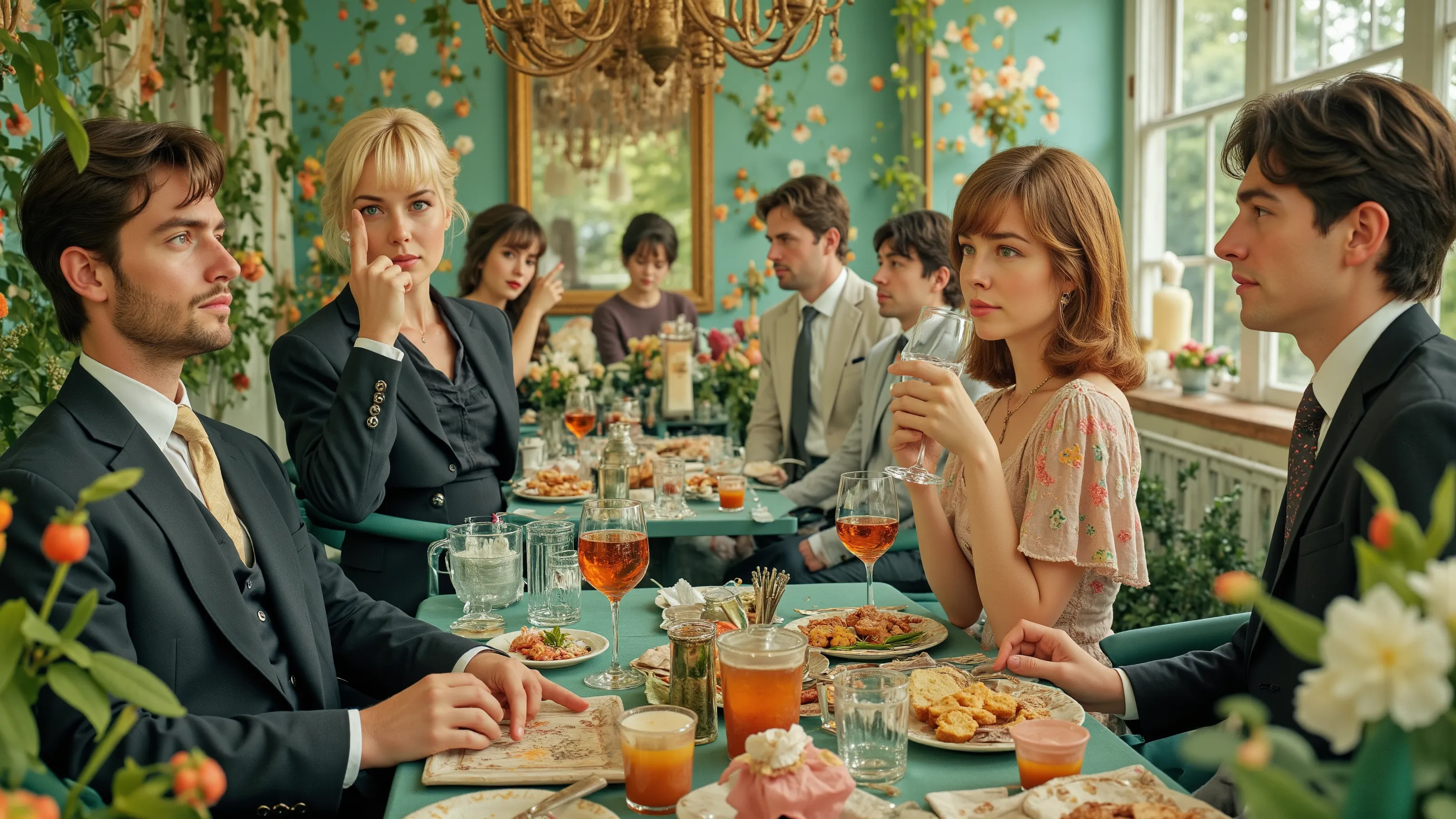 precisely detailed Jon Klassen and Joel-Peter Witkin stylized anime scenario, busy [Edwardian tea garden party, elegantly dressed guests conversing], perfect faces, incredible eyes, (((Fractal symmetrical))) Protozoa. made with semi-transparent glass and m...