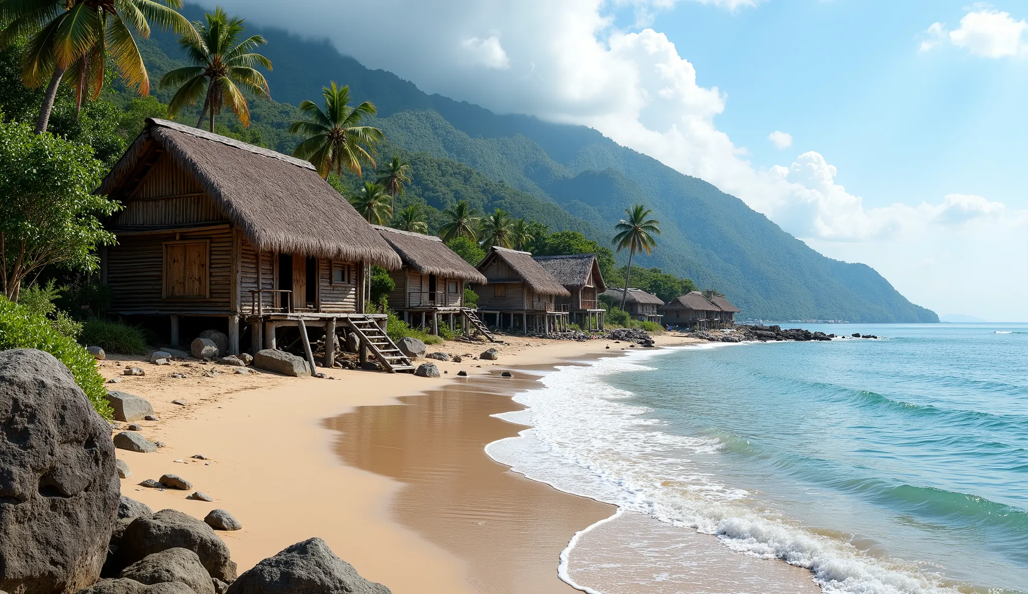 (realistic photo:1.2),There are very few fishermen's villages planted in ancient houses, planted from trees, thatched roofs with flaxseed, lined up at a distance from each other. Each one is located on one side next to the mountains and rich forests, on th...