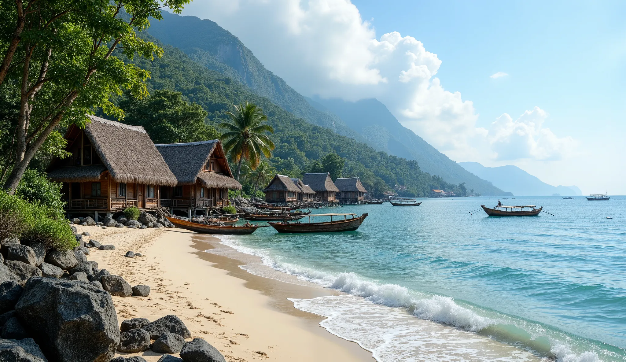 (realistic photo:1.2),There are very few fishing villages planted in ancient houses, planted from trees, thatched roofs with flaxseed, lined up at a distance from each other. Each of them is located on one side next to the mountains and rich forests on the...