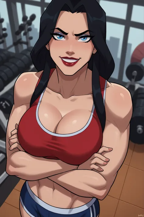 score_9, score_8_up, score_7_up, score_6_up, BREAK, safe_pos, 1girl, solo, wowobldlns, blue eyes, black hair, long hair, lipstick, makeup, large breasts, curvy, athletic, cleavage, looking at viewer, sultry expression, bedroom eyes, smiling, closed mouth, ...