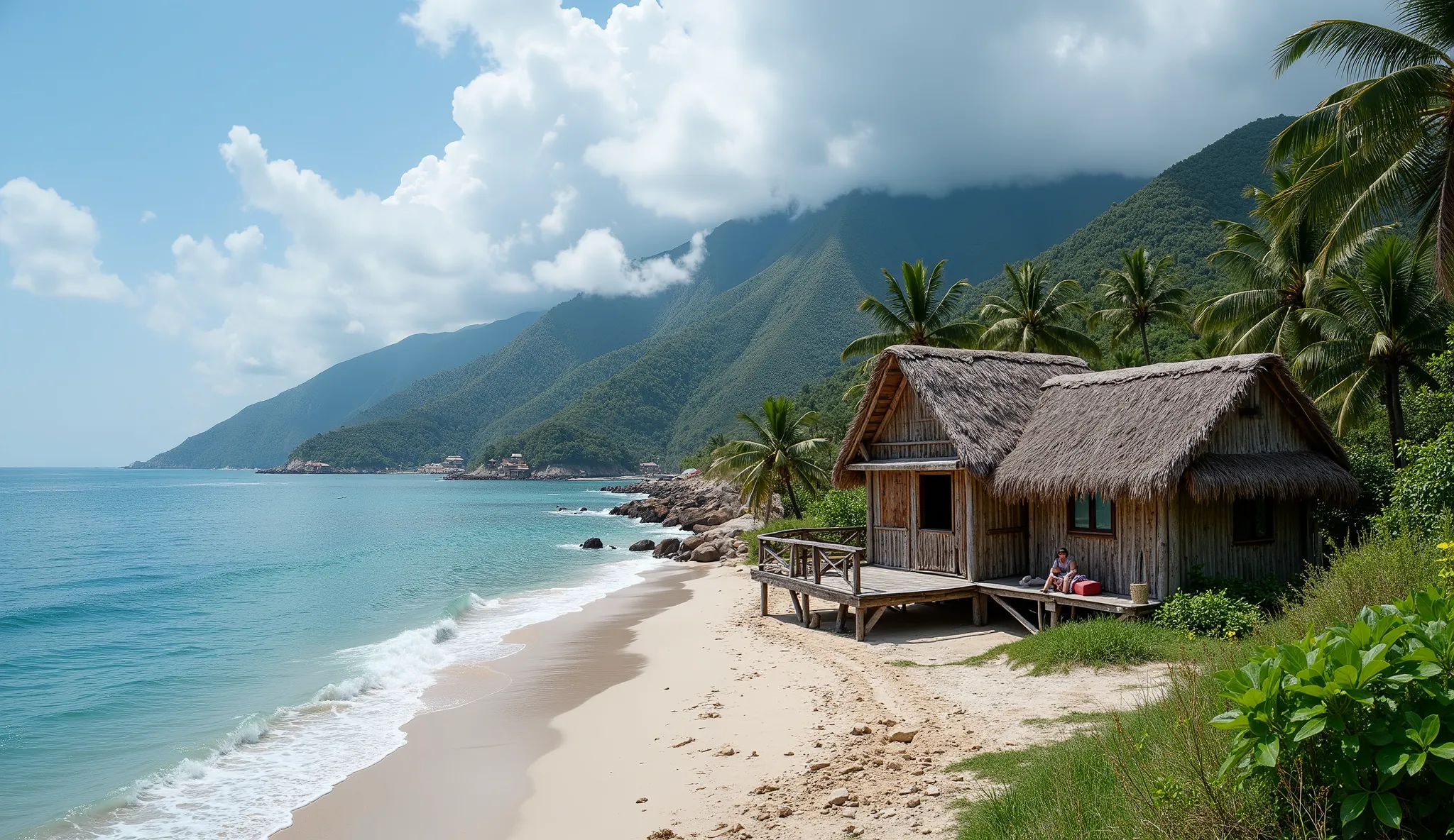 (realistic photo:1.2),There are very few fishing villages planted in ancient houses, planted from timber, thatched with flaxseed, planted at a distance from each other along the hills. Each of them is located on one side next to the mountains and rich fore...