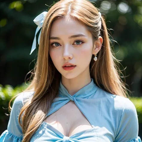 An extremely pretty beautiful woman with long pale-blonde hair, big hazel-blue eyes, red plump lips, and extremely fair pale white skin. She's only wearing a long blue floral dress with full sleeves, with one hair ribbon on the side. Women's face-to-neck c...