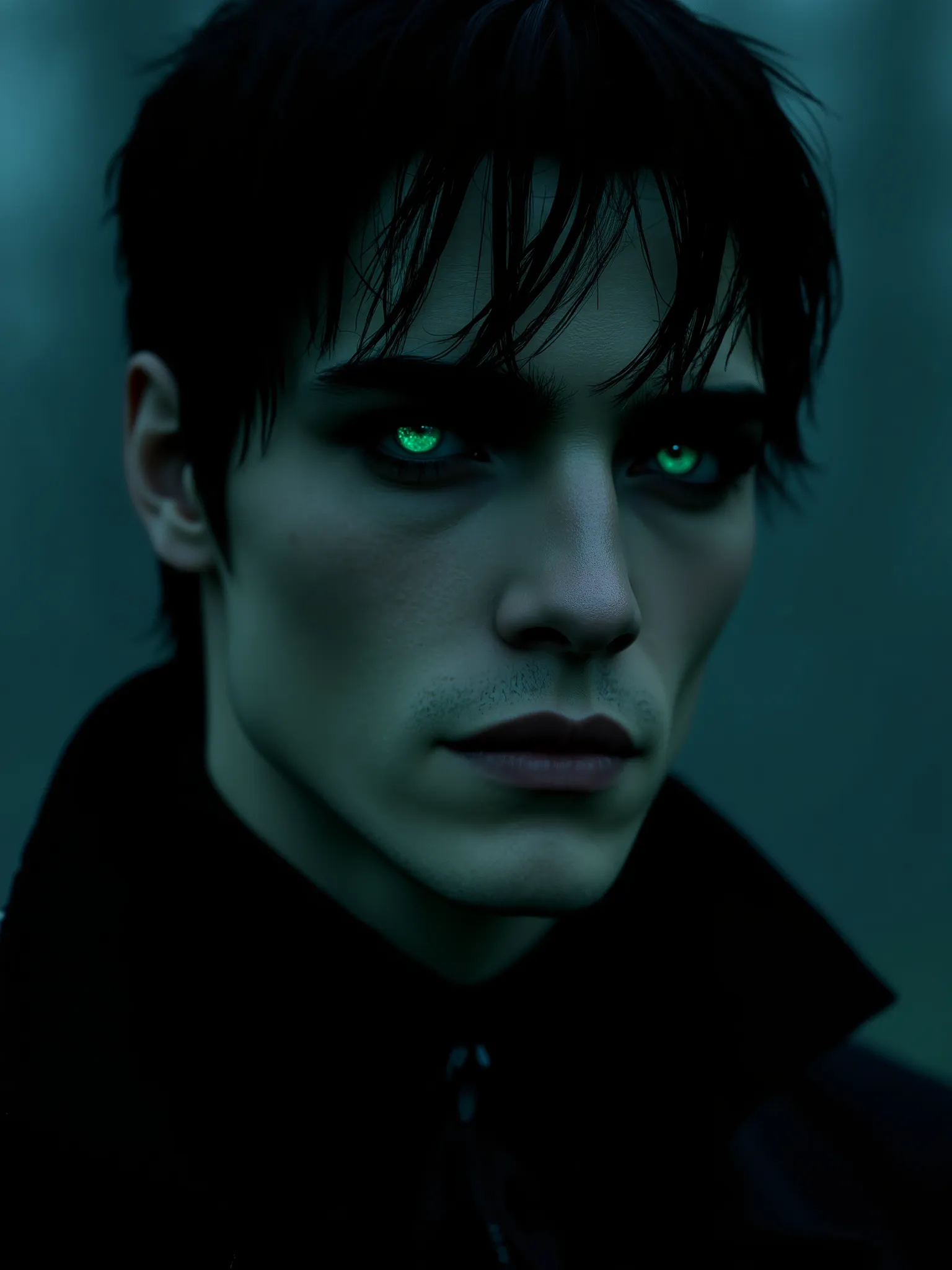vampire, dark, smokey, shadowy shadowed face, male, smokey, dim glowing viridian eyes, dark clothing, dark hair, bangs hanging over eyes, bored expression, highly detailed, cinematic, dramatic lighting, moody atmosphere, dark fantasy, digital art, photorea...
