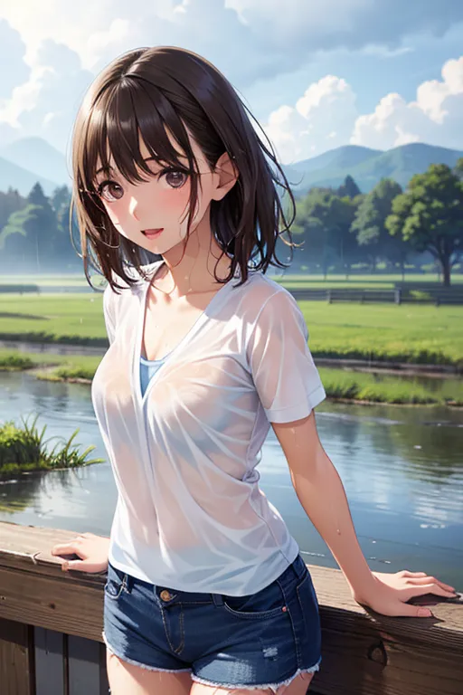 Japanese Female Idol, 20 years old, Highest Quality, masterpiece, ultra high definition, (realistic:1.3),  RAW photos , (one girl with arms), (upper body), (20 years old), (smile:0.9), (shiny skin), (wet hair,  medium hair, dark brown hair), (wet, transparent, Badly disheveled, open chest shirt), (casual shorts with very intricate openings),(medium chest) (Highly Detailed Faces), (Extremely Refined Eyes), (Highly Detailed Nose), (very elaborate mouth), (Highly skilled hands in a rural landscape), (VERY DETAILED BOOK ), Rainy Day,Sony a7,   85mm Lens  , f9.0、, 



,( masterpiece, best quality, high resolution, ultra high resolution, pixel perfect, depth of field, 4K, RTTX10.0),
、Anegasaki Nene, shiny brown hair, beautiful brown eyes, , sparkling pupils, (fine grain), , highly detailed face,, (masterpiece:1.2, best quality), ((only1 girl)), ((cowboy shot：1.5))
