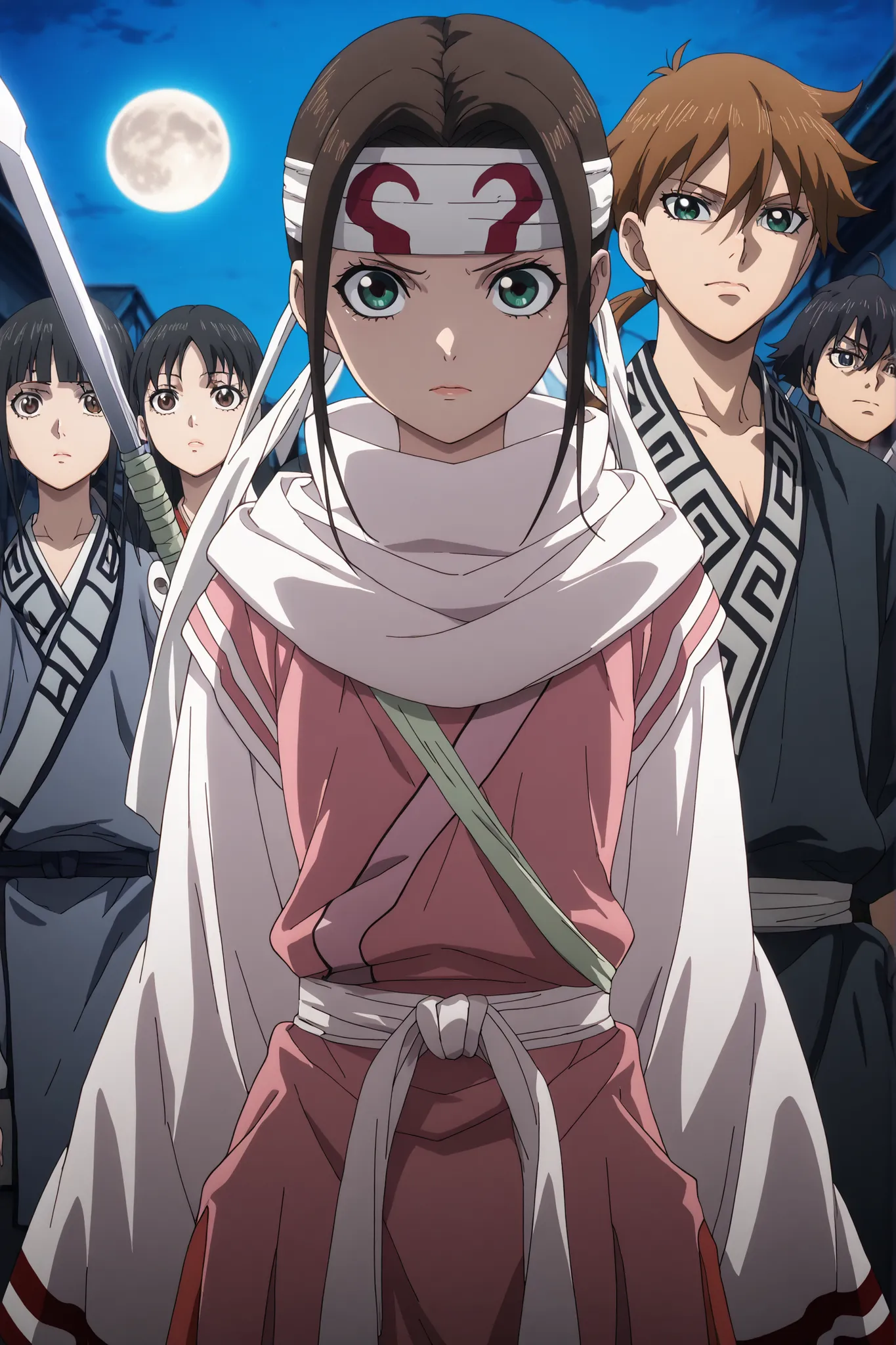 
 (((((headband)))))  standing  yandere  glare   miyako saitou, long hair, brown hair, brown eyes,  qiang_lei, black hair, green eyes, long hair, low ponytail

aged down
lips
sword


 full moon   forrest  hidden in forrest walking in street looking at view...