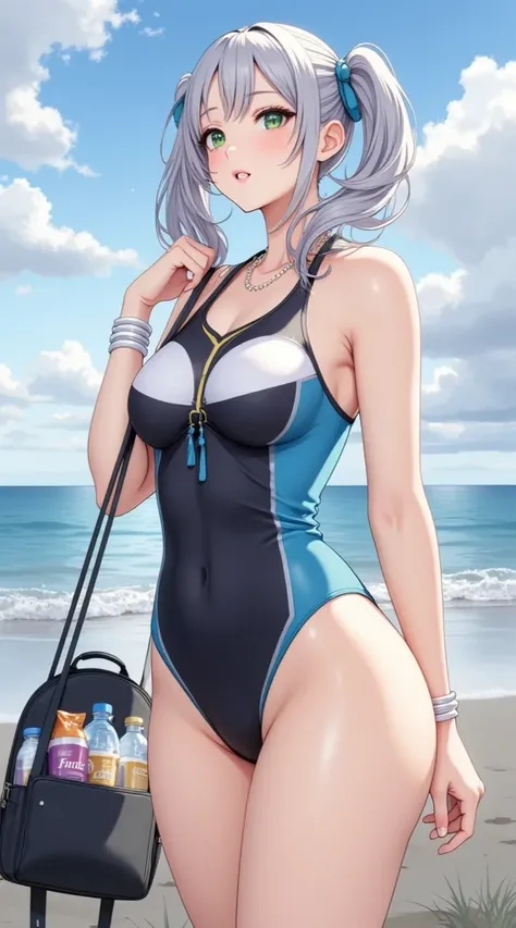  (masterpiece,  computer, mejor quality,  Clear focus, shadow, anime style, ultra high resolution, 8K, perfect anatomy, rostro perfecto, (detailed face), (  Detailed eye  ), score_9, score_8_up, score_7_up, score_6_up, score_5_up, score_4_up,  source _Animated, Label 1, Label2, quality_masterpiece, anatomically correct, beautiful face, rostro perfecto, Beautiful and highly detailed face and eyes, Attractive face, detailed face, Delicate facial features, detailed leather, Huge Breasts, breast size cup D or DD, wide hips, gigantic butt, thick thighs. Stylish illustration Anime of a beautiful woman with an elegant and sensual look on the beach with a competition-type sports swimsuit. She has light gray hair tied in two side pigtails with a loose tuft, fastened with a blue garter and details of gold accessories. Her eyes are large and green, and her expression is one of surprise or curiosity. She wears a pearl necklace with a pendant and a white bracelet. Her swimsuit is tight, mostly black with details in white and bright blue on the sides. In the background, you can see the sea with small waves, a blue sky with scattered clouds. She wears a black backpack with bottles of water and food. 