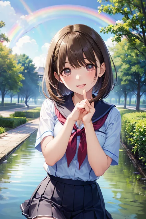 Highest Quality、high definition、(high image quality:1.4)、masterpiece、detailed background、(Highly Detailed Faces:1.2)、(detailed eyes:1.Age beauty、、(Normal number of fingers :1.3)、anatomically accurate、perfect body line、Light-colored hair 、 braided bob cut 、
(happy girl who found a rainbow:1.5)、
after school after the rain、there are puddles on the ground、While slightly lifting the hem of the uniform skirt、gently stretches out her legs and hits the surface of the water、look up at the sky and suddenly, lift the hem of her uniform skirt、A few drops of water still fall from the tips of their hair、cheeks are slightly red、cute　、、
, ,( masterpiece, best quality, high resolution, ultra high resolution, pixel perfect, depth of field, 4K, RTTX10.0),
、Anegasaki Nene, shiny brown hair, beautiful brown eyes, smiling face, sparkling pupils, (fine grain), , highly detailed face,, (masterpiece:1.2, best quality), ((only1 girl)), ((cowboy shot))