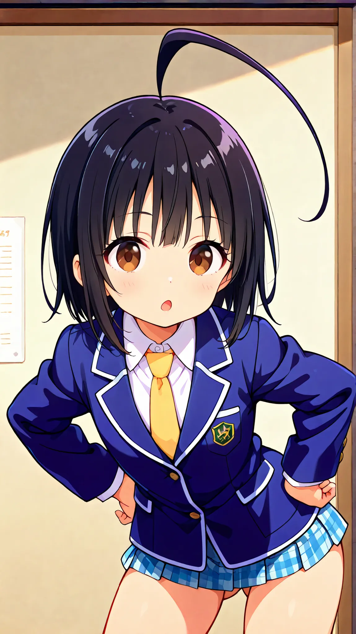nsfw,((anime style)),score_9, score_8_up, score_7_up,masterpiece, best quality,ultra detail,,huge ahoge, negishi masako , 1girl , ((((((solo)))))),short hair,black hair ,long bangs,brown eyes,(Flat Chest),school uniform,(((blue blazer))),light blue checker...