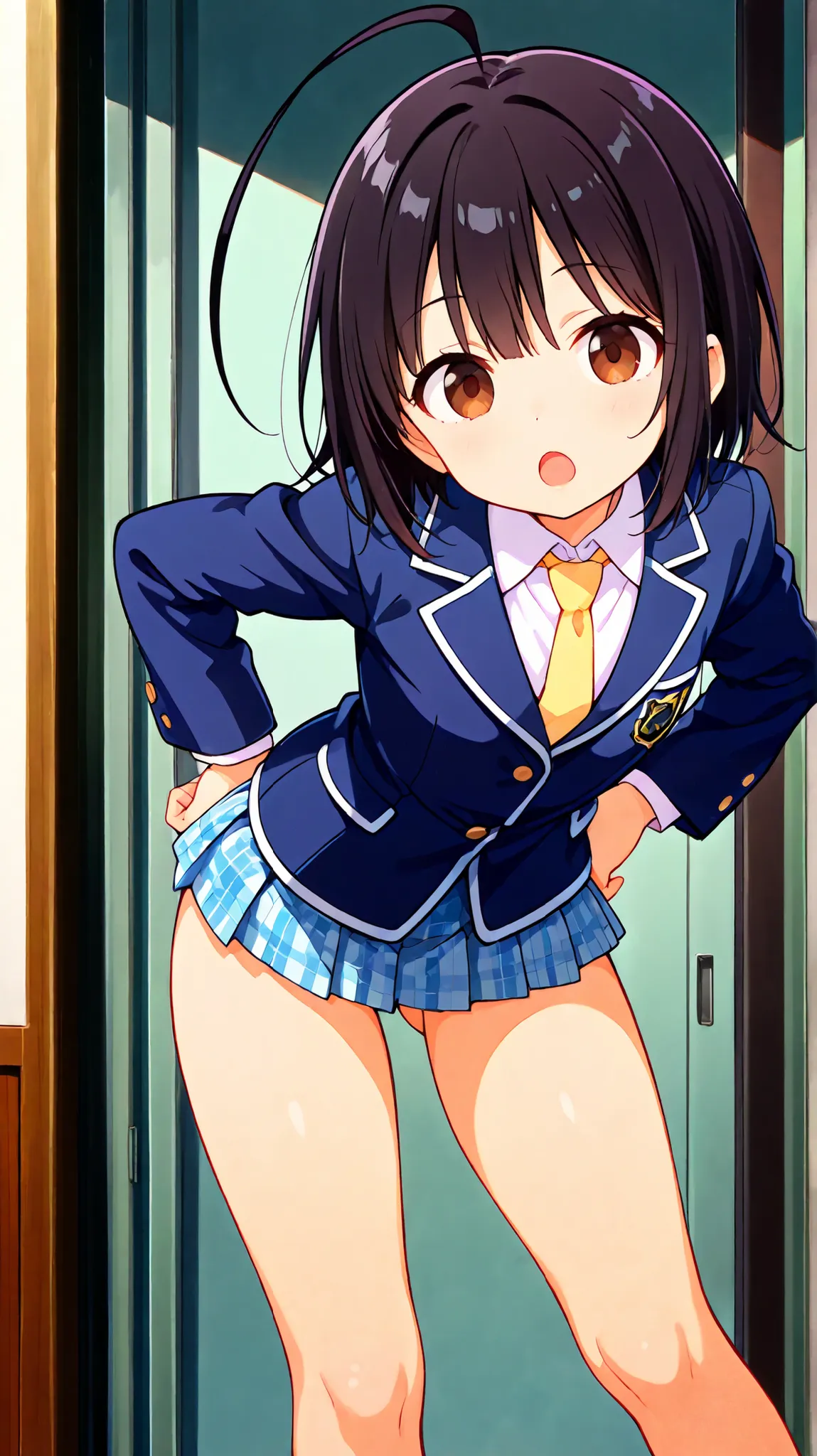 nsfw,((anime style)),score_9, score_8_up, score_7_up,masterpiece, best quality,ultra detail,,huge ahoge, negishi masako , 1girl , ((((((solo)))))),short hair,black hair ,long bangs,brown eyes,(Flat Chest),school uniform,(((blue blazer))),light blue checker...