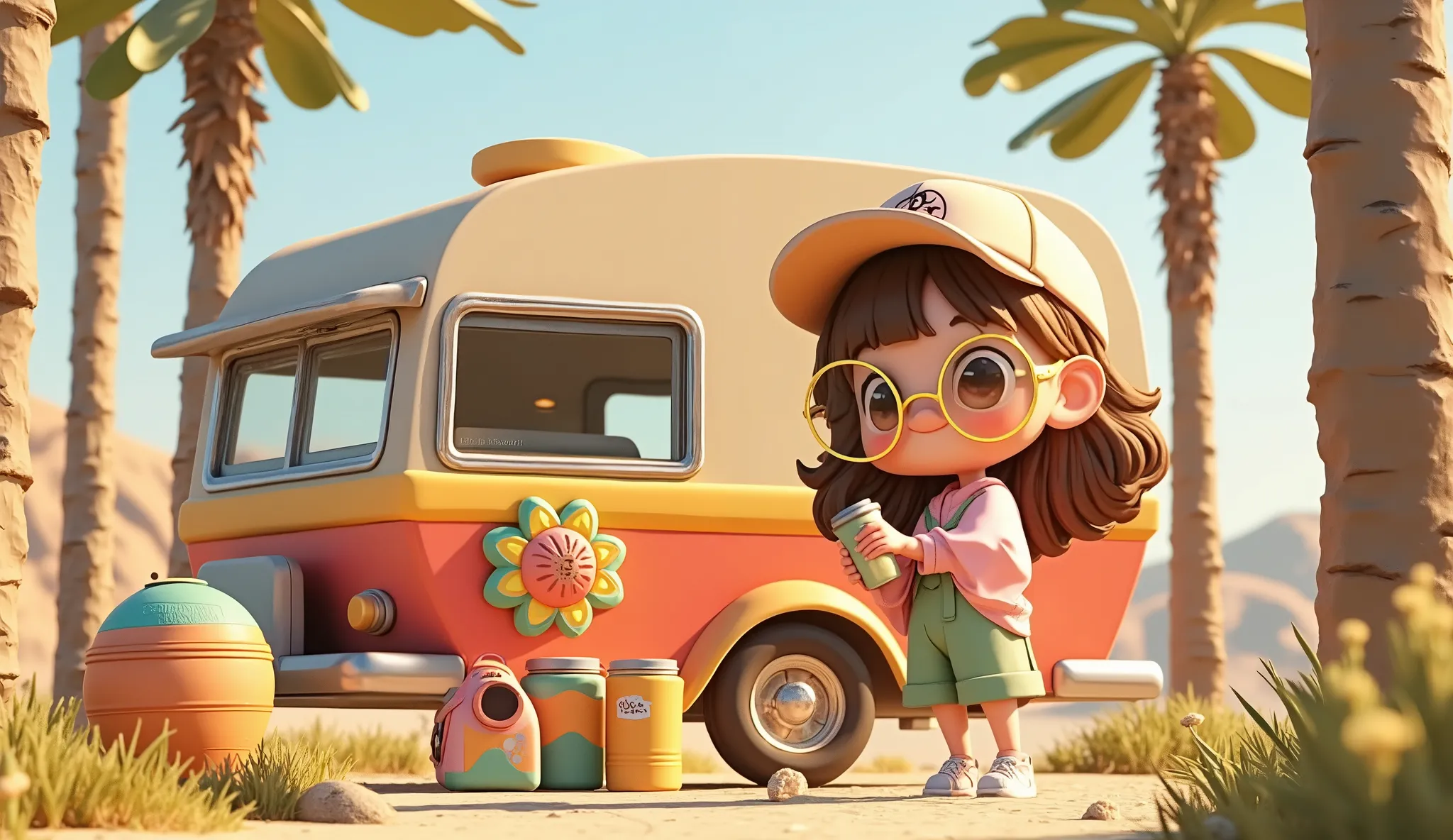 3d anime style, chibi girl arranging colorful camping gear beside a retro flower power camping trailer, vibrant psychedelic campsite setup, bohemian outdoor lifestyle, edge of mystical forest with tall thin trees, bright natural sunlight with rainbow prism...