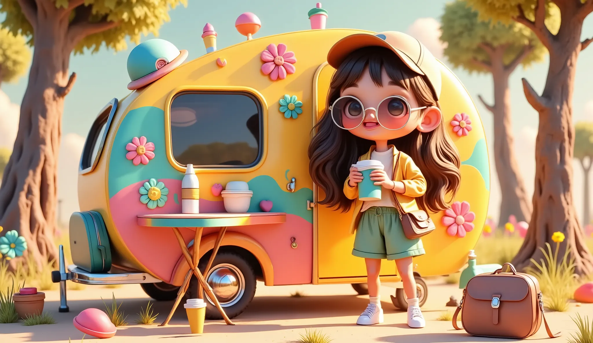 3d anime style, chibi girl arranging colorful camping gear beside a retro flower power camping trailer, vibrant psychedelic campsite setup, bohemian outdoor lifestyle, edge of mystical forest with tall thin trees, bright natural sunlight with rainbow prism...