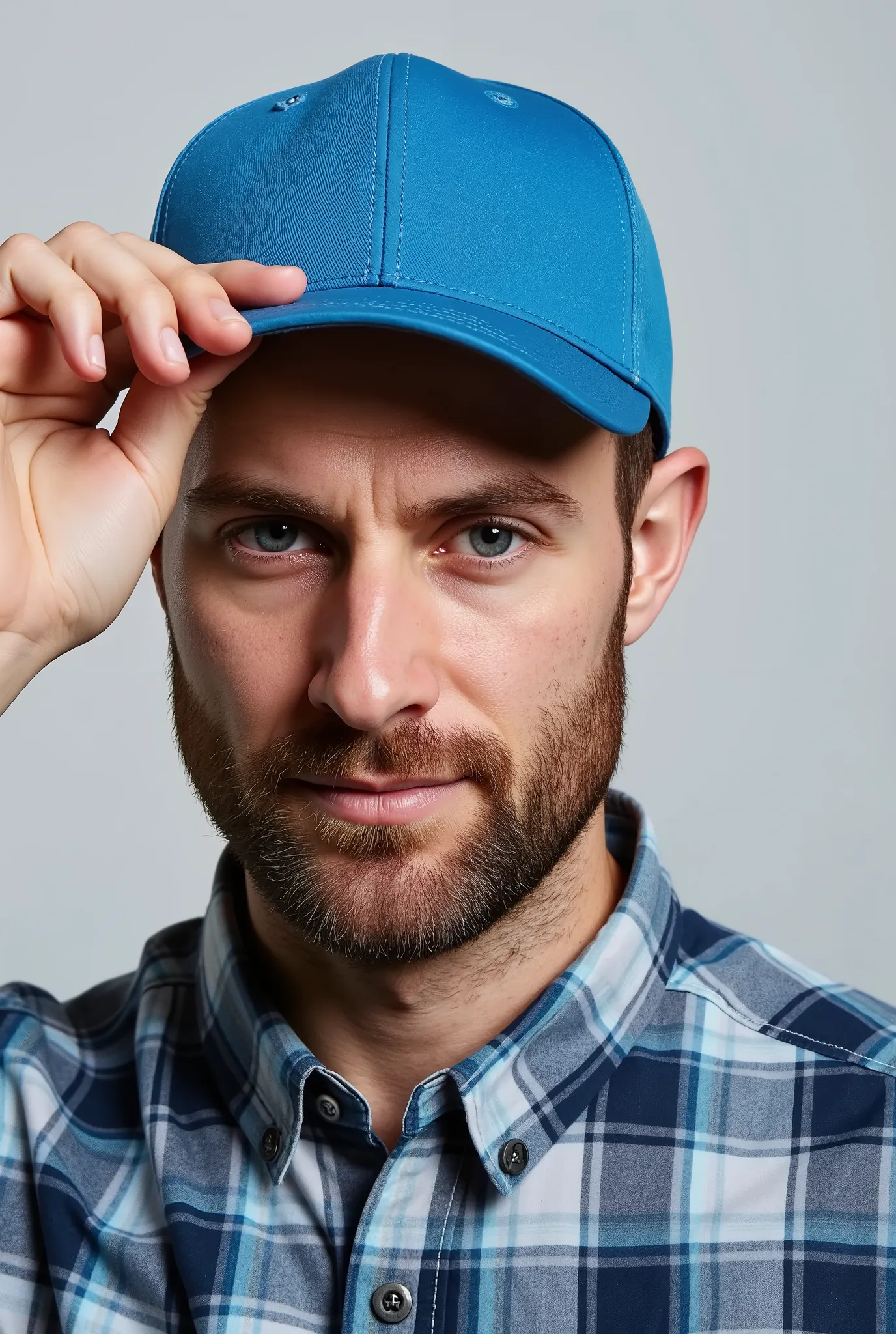 Close-up of a man wearing a simple blue cap and a plaid shirt, while holding the cap brim with one hand.  The background is simple and light gray . with the head tilted slightly down.  His expression is relaxed , and his face is partially obscured by the c...