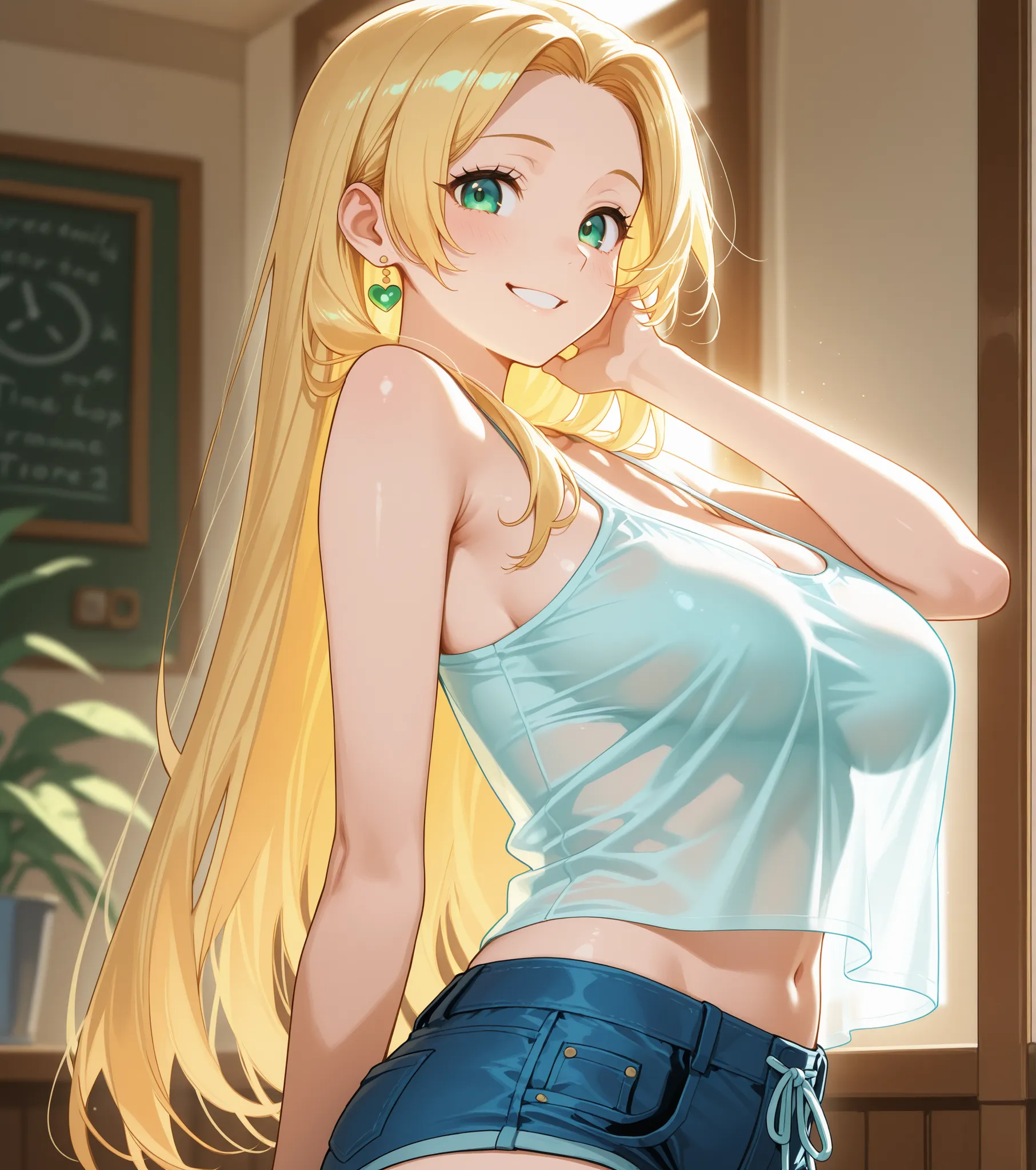 Charming girl in her lungs a translucent tank top and short shorts seemed to have come off the manga pages. Her cheerful smile, playful look and relaxed pose create the atmosphere of a carefree summer day, filled with light and warmth. Soft lighting emphas...