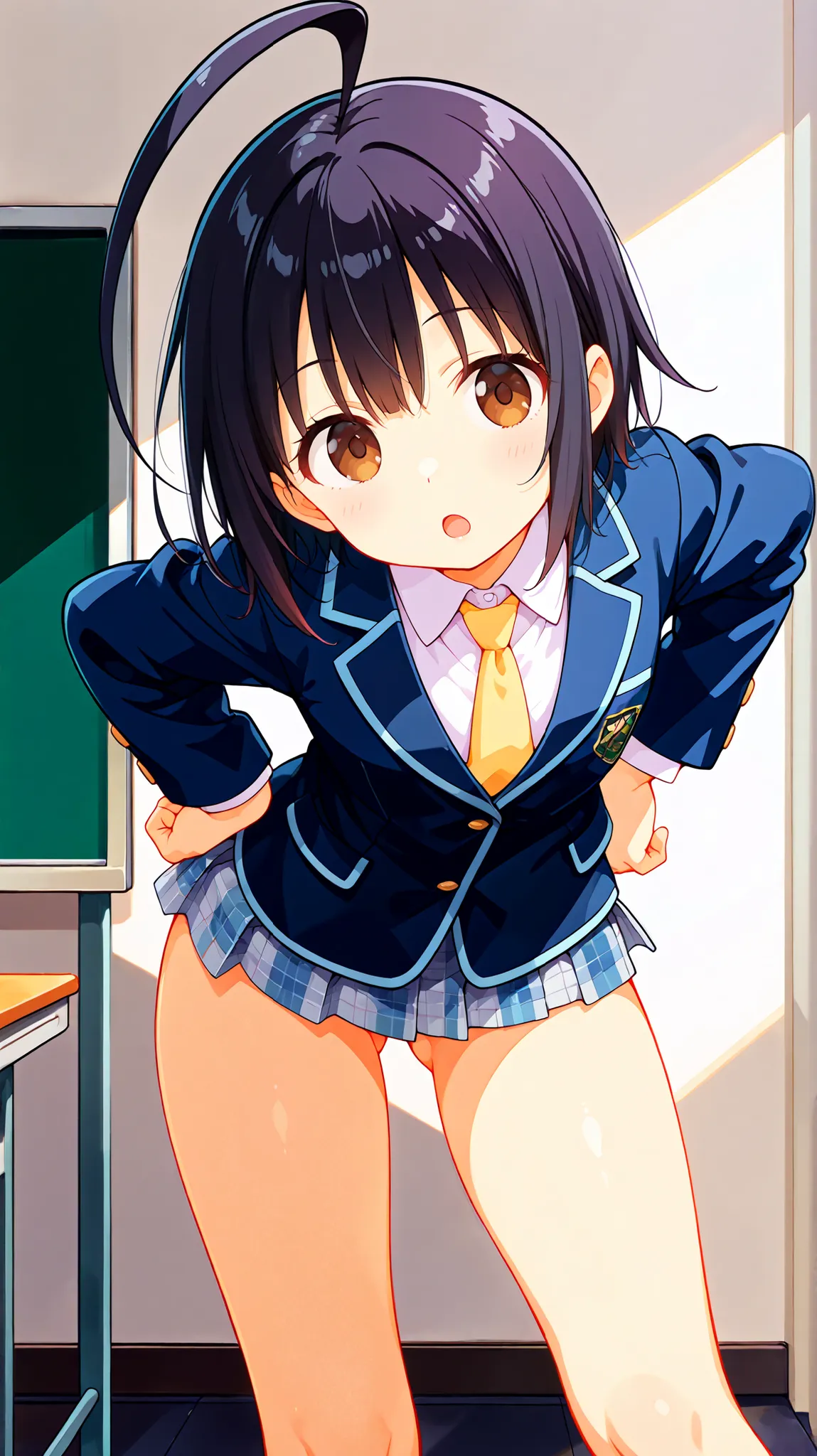 nsfw,((anime style)),score_9, score_8_up, score_7_up,masterpiece, best quality,ultra detail,,huge ahoge, negishi masako , 1girl , ((((((solo)))))),short hair,black hair ,long bangs,brown eyes,(Flat Chest),school uniform,(((blue blazer))),light blue checker...