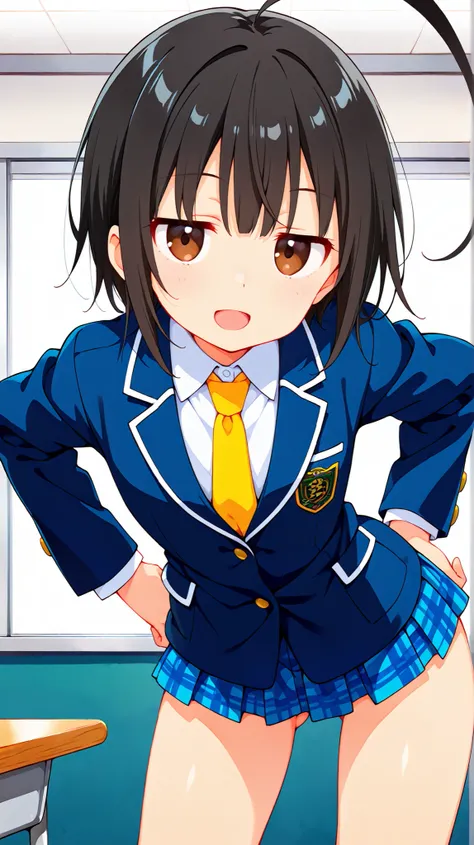 nsfw,((anime style)),score_9, score_8_up, score_7_up,masterpiece, best quality,ultra detail,,huge ahoge, negishi masako , 1girl , ((((((solo)))))),short hair,black hair ,long bangs,brown eyes,jitome,(Flat Chest),school uniform,(((blue blazer))),light blue ...