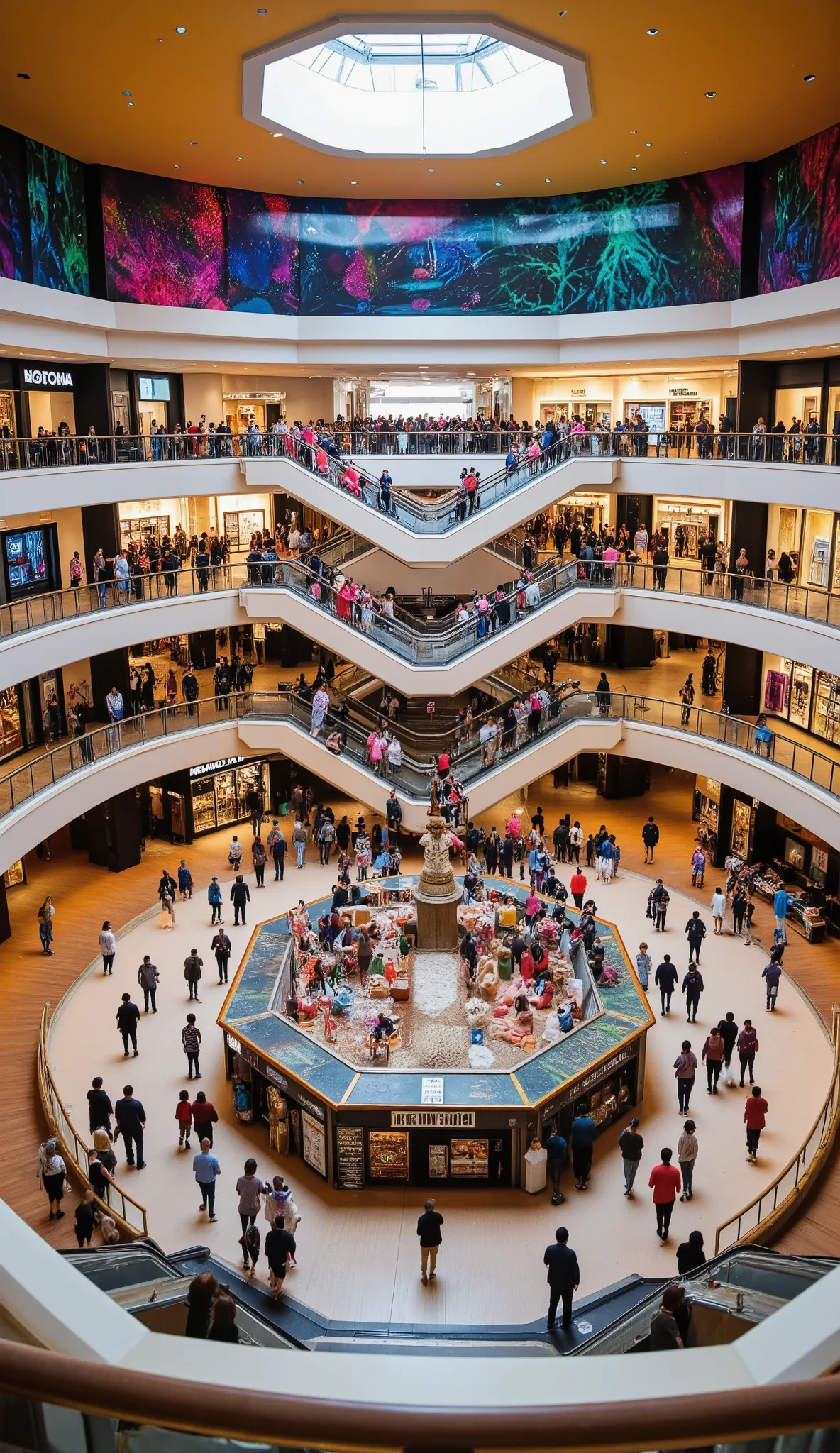 highdefinition images、multiple escalators in an octagonal hall in a shopping mall、as seen from the 2nd floor、colorful shops and people coming and going as seen from the 2nd floor、Multiple escalators in the octagonal hall in。