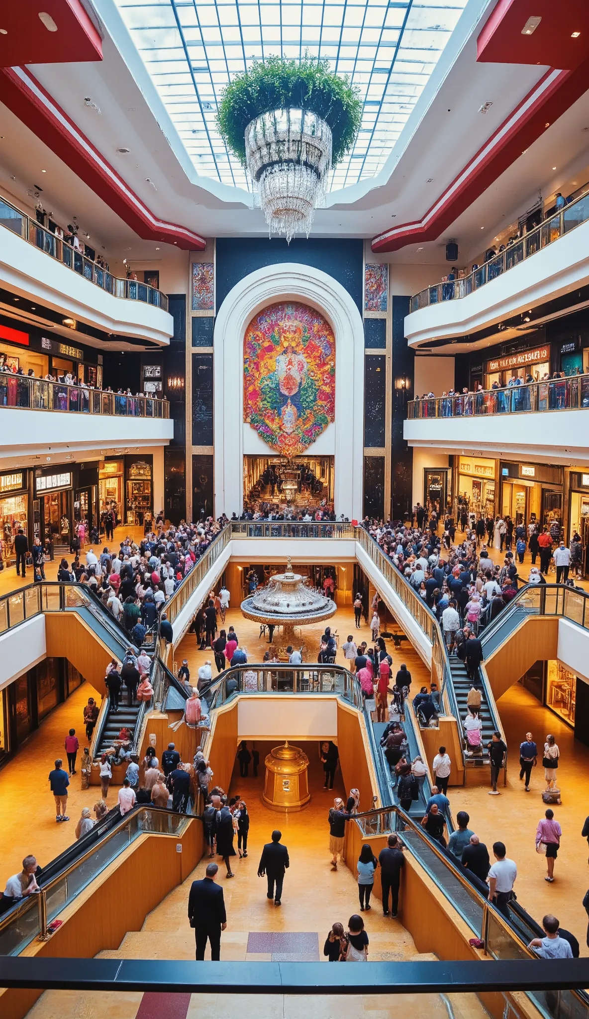 highdefinition images、multiple escalators in an octagonal hall in a shopping mall、as seen from the 2nd floor、colorful shops and people coming and going as seen from the 2nd floor、Multiple escalators in the octagonal hall in。