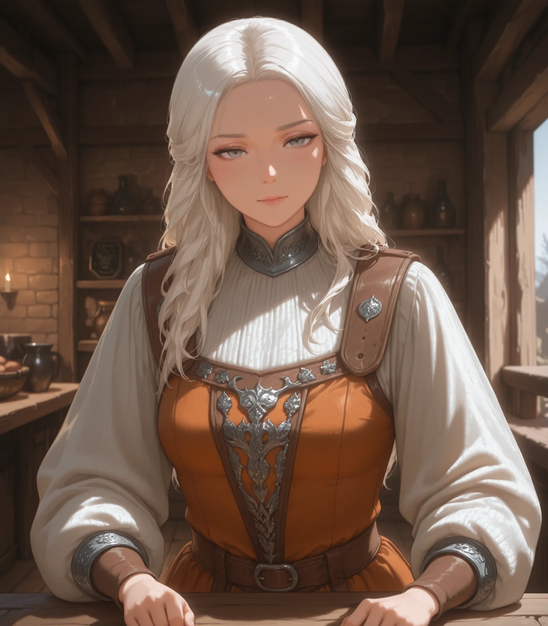 game of thrones, white hair, Grey eyes, female, basic clothes Medieval, tavern