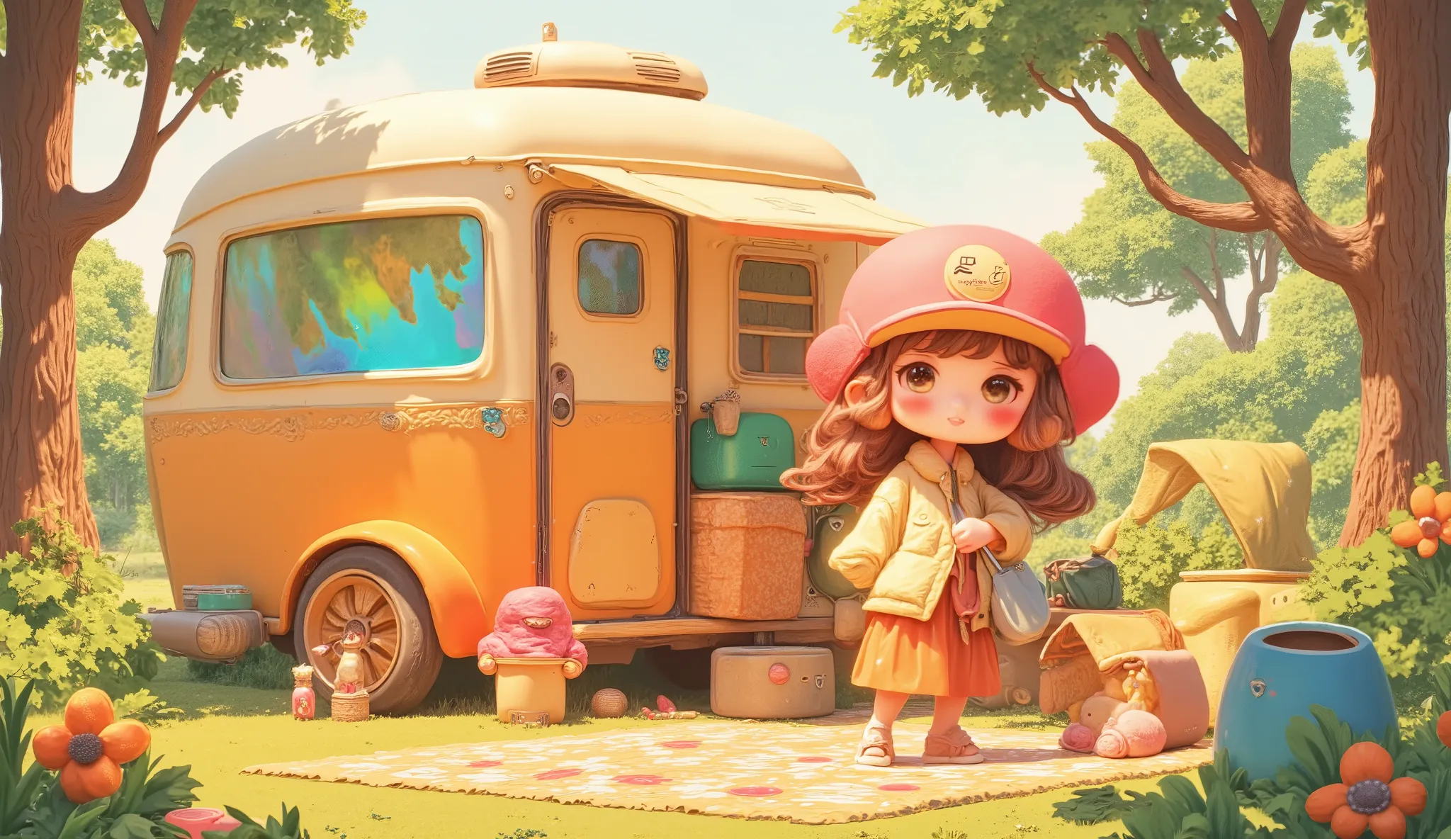 3d anime style, chibi girl arranging colorful camping gear beside a retro flower power camping trailer, vibrant psychedelic campsite setup, bohemian outdoor lifestyle, edge of mystical forest with tall thin trees, bright natural sunlight with rainbow prism...