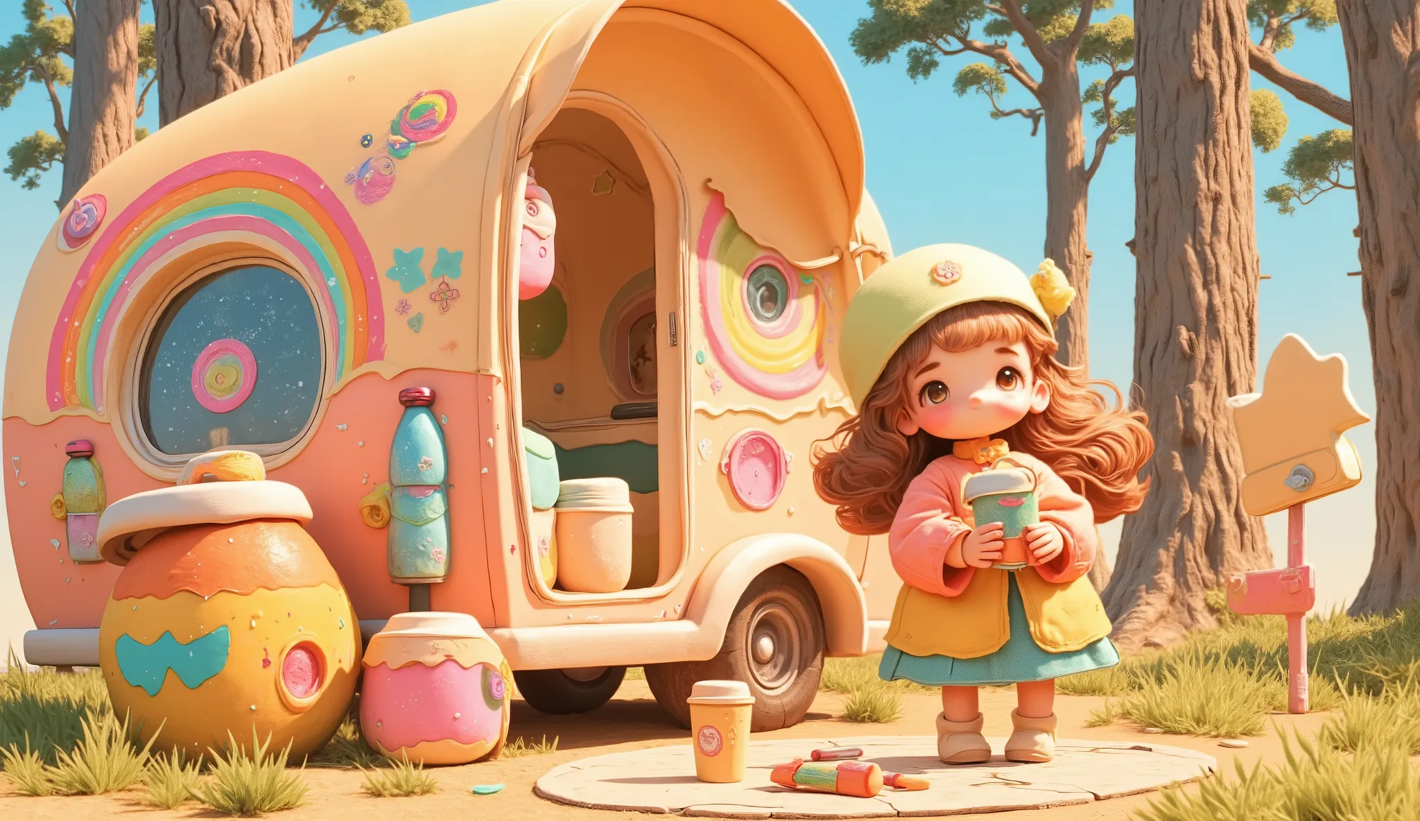 3d anime style, chibi girl arranging colorful camping gear beside a retro flower power camping trailer, vibrant psychedelic campsite setup, bohemian outdoor lifestyle, edge of mystical forest with tall thin trees, bright natural sunlight with rainbow prism...