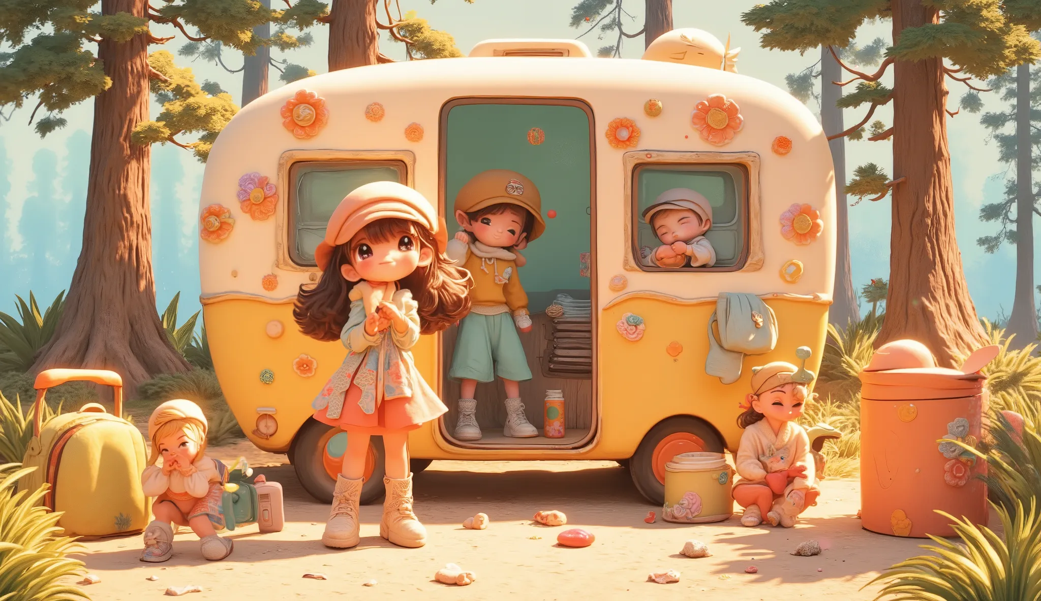 3d anime style, chibi girl arranging colorful camping gear beside a retro flower power camping trailer, vibrant psychedelic campsite setup, bohemian outdoor lifestyle, edge of mystical forest with tall thin trees, bright natural sunlight with rainbow prism...