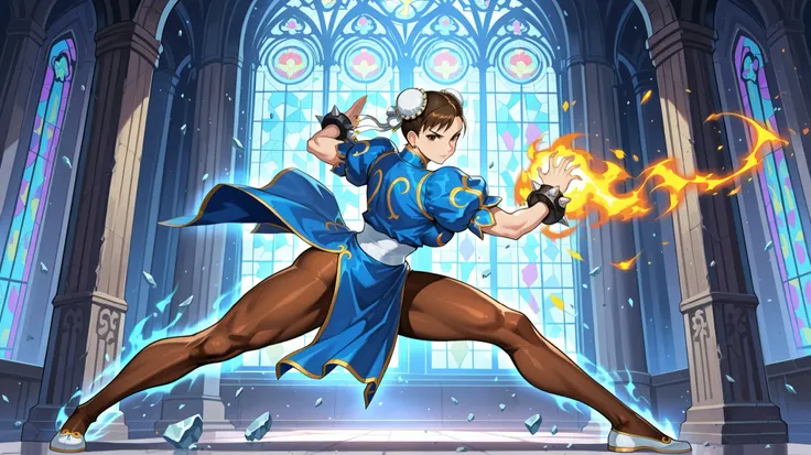 Chun-Li and Kyo Kusanagi locked in an intense anime-style battle inside a grand gothic cathedral with towering stained-glass windows glowing from behind. Chun-Li is on the left, low to the ground in an agile, aggressive stance, legs spread, leaning forward...