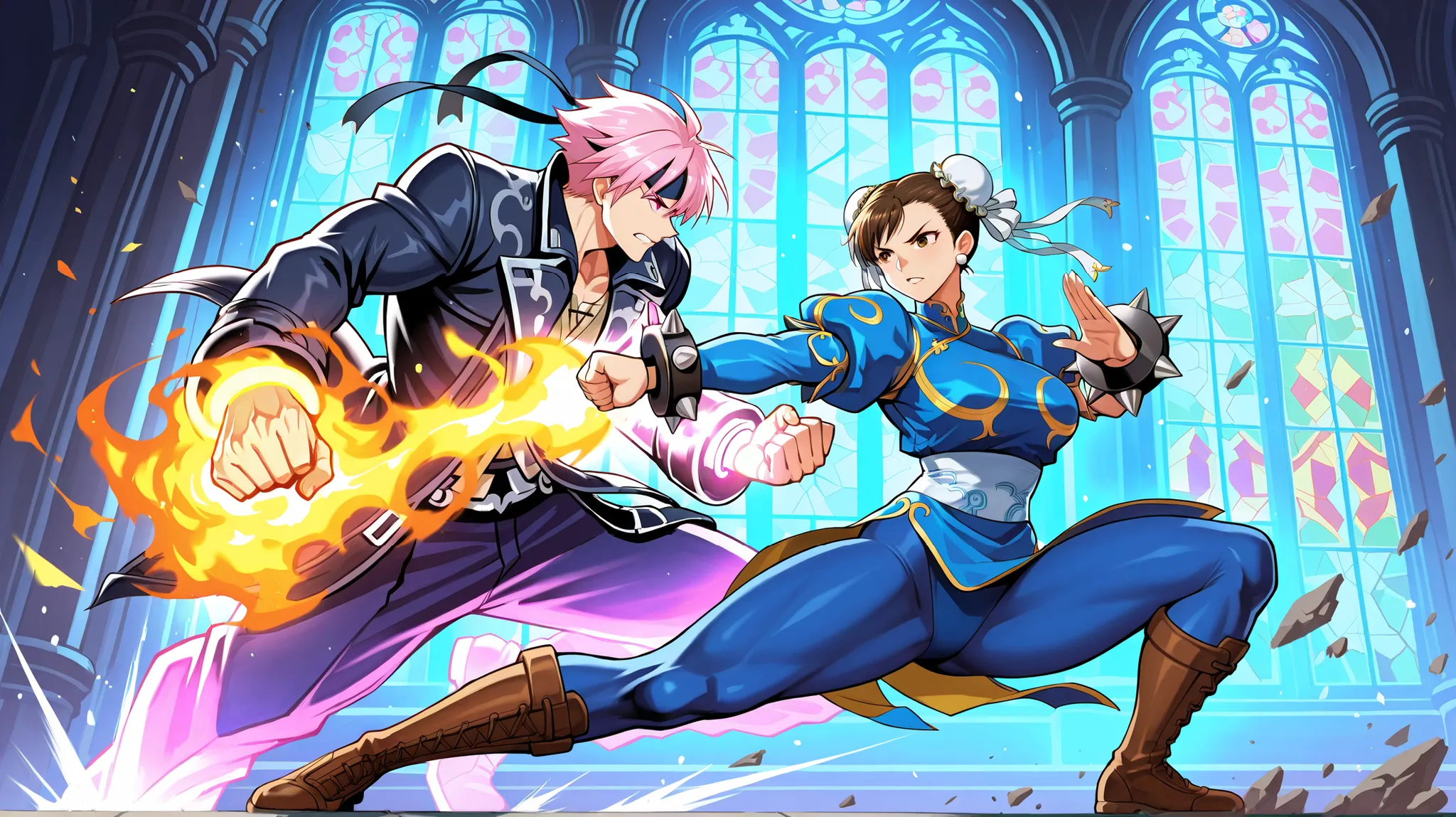 Chun-Li and Kyo Kusanagi locked in an intense anime-style battle inside a grand gothic cathedral with towering stained-glass windows glowing from behind. Chun-Li is on the left, low to the ground in an agile, aggressive stance, legs spread, leaning forward...