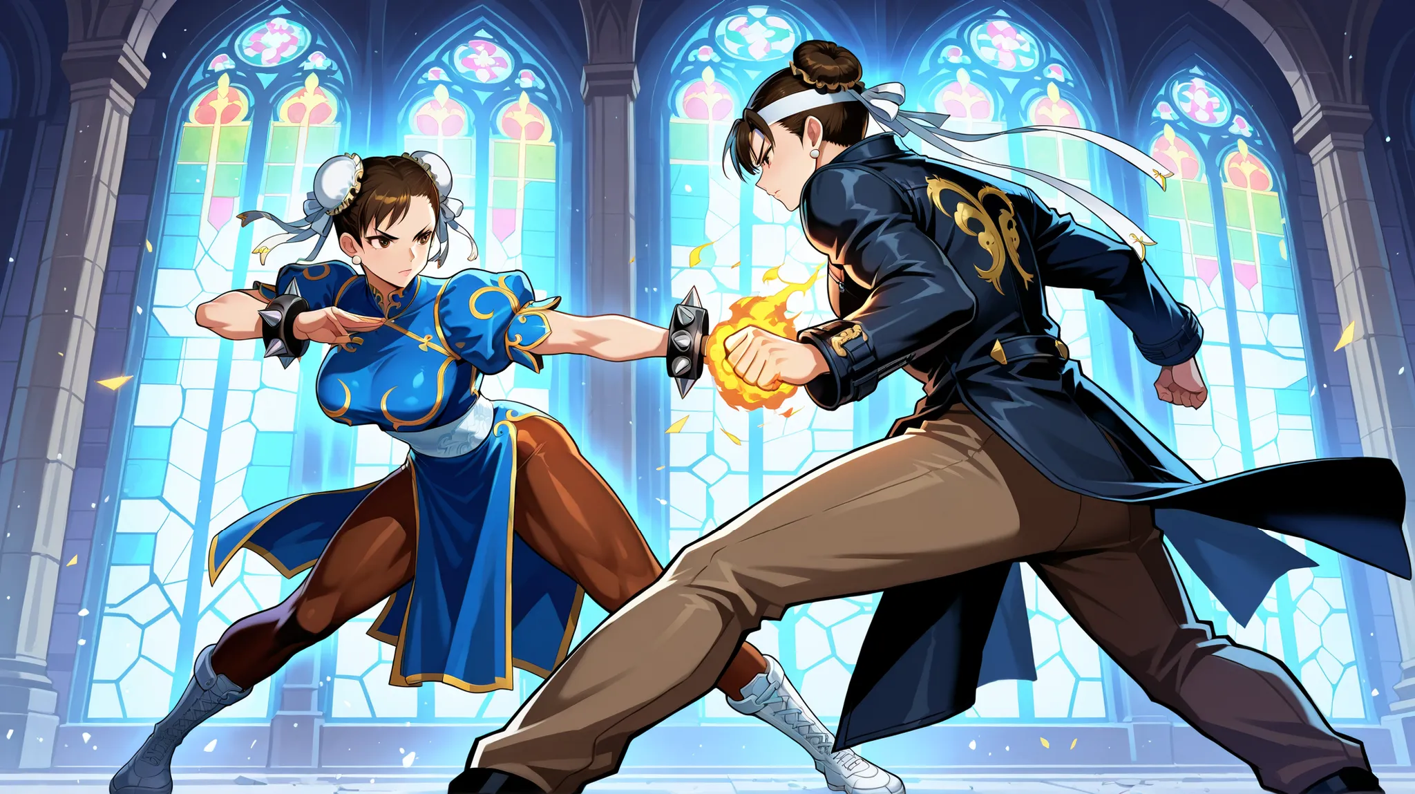 Chun-Li and Kyo Kusanagi locked in an intense anime-style battle inside a grand gothic cathedral with towering stained-glass windows glowing from behind. Chun-Li is on the left, low to the ground in an agile, aggressive stance, legs spread, leaning forward...