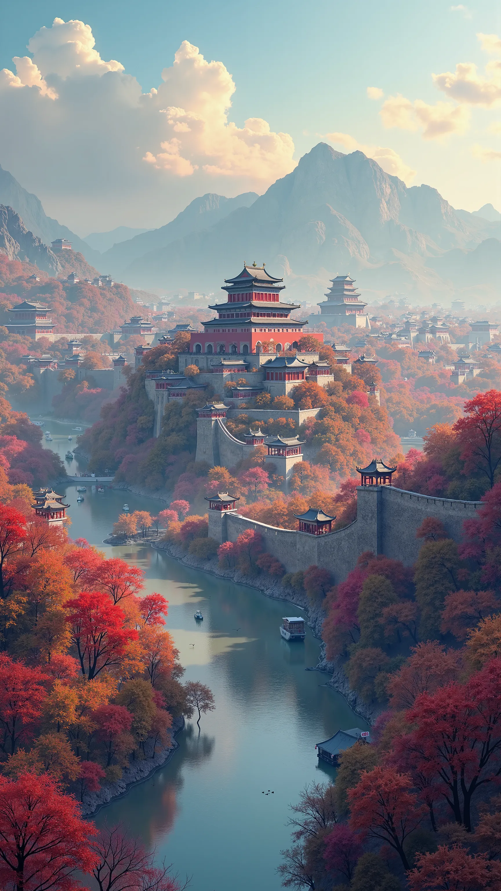 The、Ancient Xi'an、ロス・トランの写真です♪絵のように美しい背景、Colorful City、City{x}The city walls and City of Xi'an seen from a little above、High resolution background is ancient Xi'an、China's Dream City、high definition digital painting、High Definition Digital Paint、River flowing next to the City、Detailed Scenery。