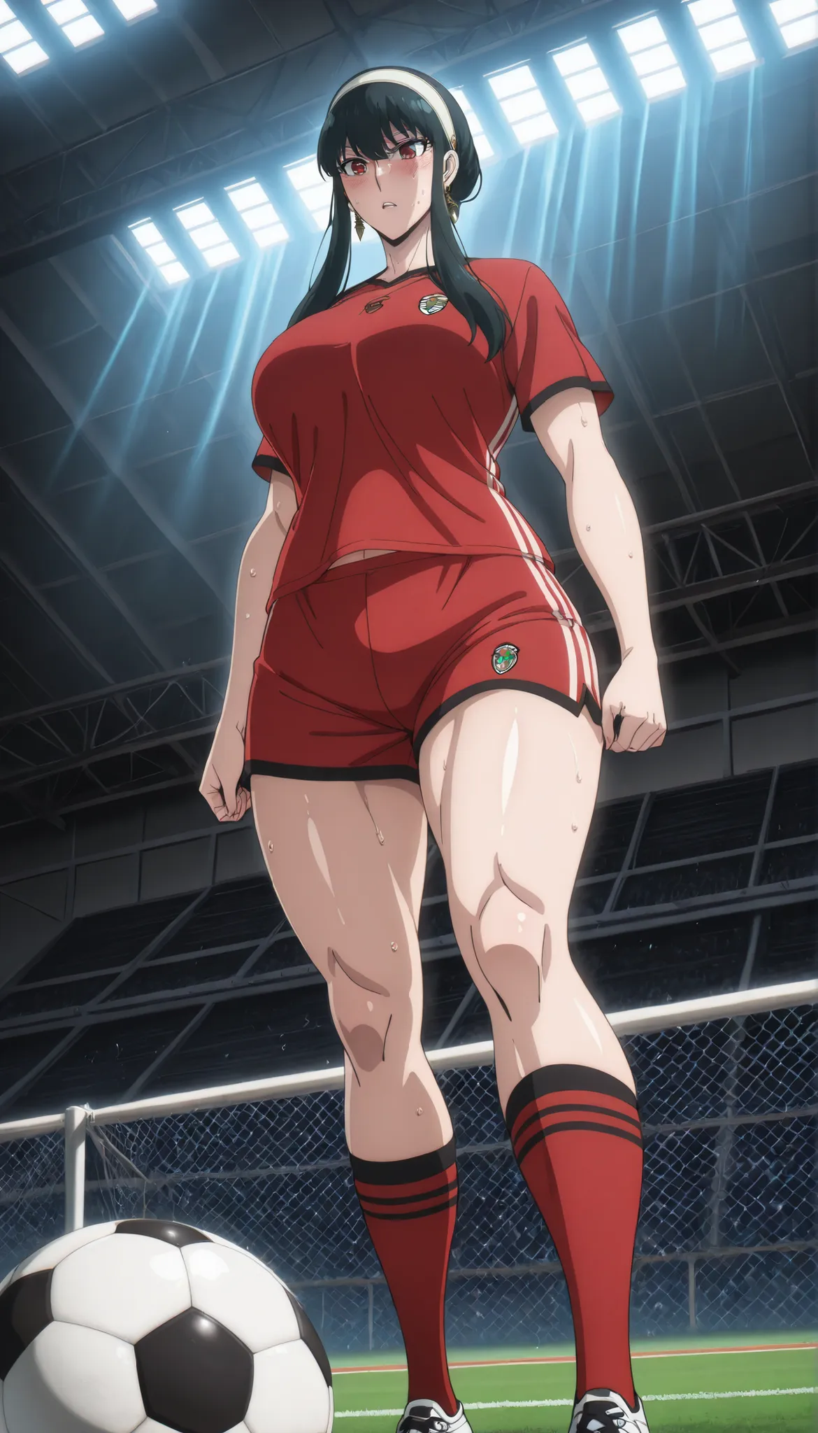 1woman, solo, Source_anime, soccer ground, wearing Soccer jersey, soccer shorts, socks, Soccer shoes, Soccer ball in ground, cinematic lighting, perfect lighting, detailed lighting, cinematic bloom,Quality_masterpiece, Anatomically correct, Beautiful face,...