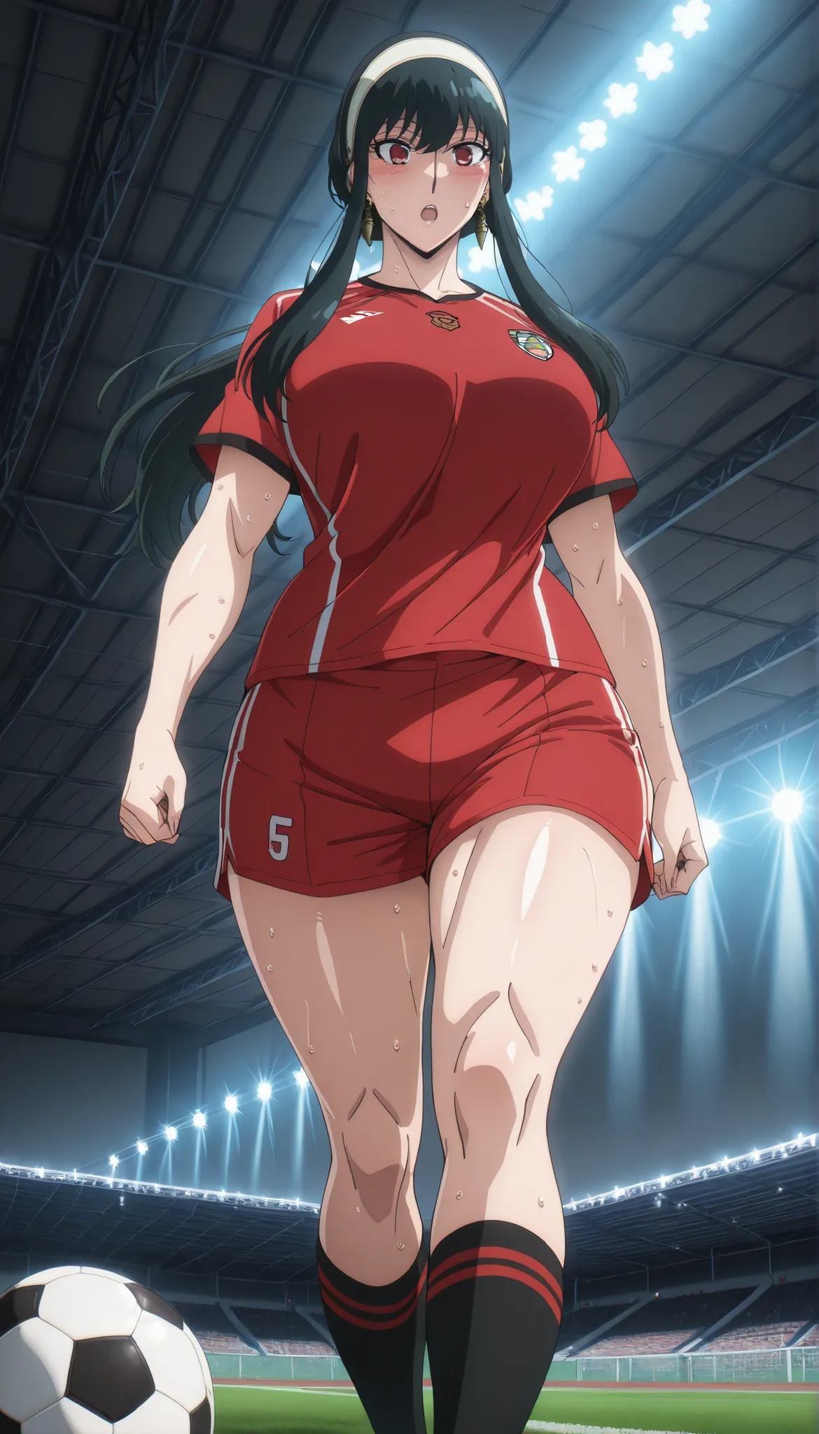 1woman, solo, Source_anime, soccer ground, wearing Soccer jersey, soccer shorts, socks, Soccer shoes, Soccer ball in ground, cinematic lighting, perfect lighting, detailed lighting, cinematic bloom,Quality_masterpiece, Anatomically correct, Beautiful face,...
