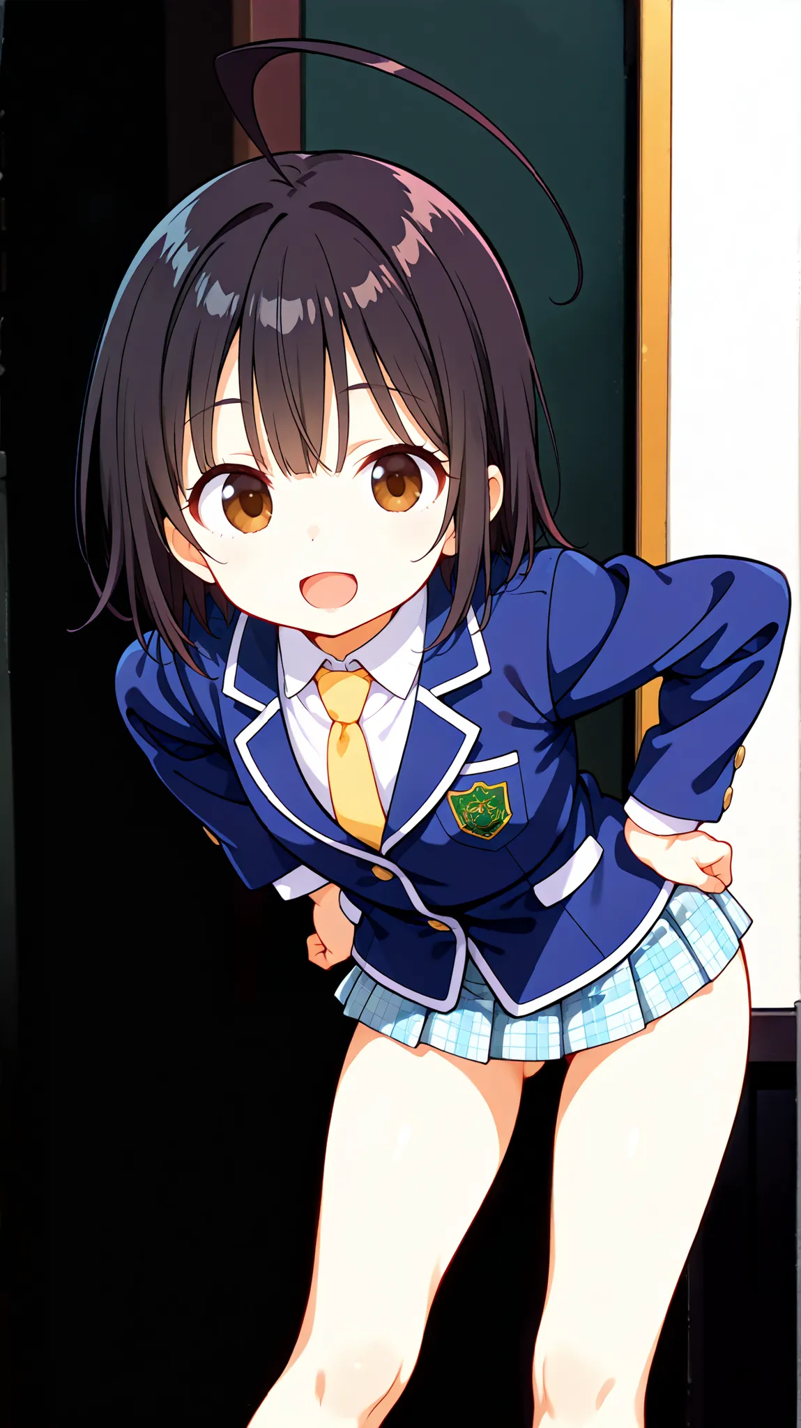 nsfw,((anime style)),score_9, score_8_up, score_7_up,masterpiece, best quality,ultra detail,,huge ahoge, negishi masako , 1girl , ((((((solo)))))),short hair,black hair ,long bangs,brown eyes,(Flat Chest),school uniform,(((blue blazer))),light blue checker...