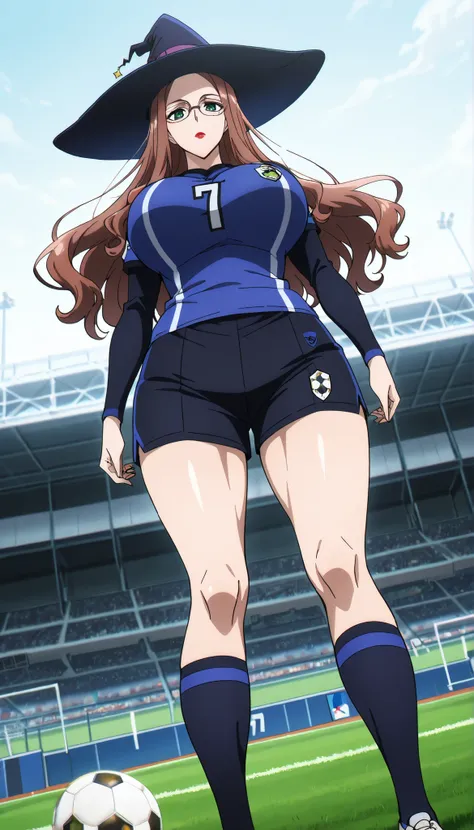score_9, score_8_up, score_7_up, source_anime, sylvia sherwood, long hair, reddish-brown hair, green eyes, 1girl, solo, hat, glasses, anime coloring, witch hat, looking at viewer, lipstick, makeup, wearing Soccer jersey, soccer shorts, soccer shoes, socks,...