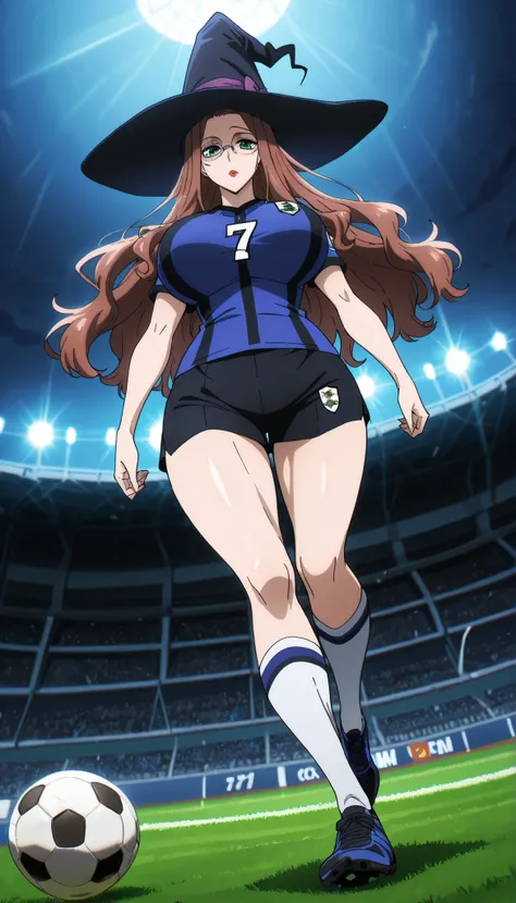 score_9, score_8_up, score_7_up, source_anime, sylvia sherwood, long hair, reddish-brown hair, green eyes, 1girl, solo, hat, glasses, anime coloring, witch hat, looking at viewer, lipstick, makeup, wearing Soccer jersey, soccer shorts, soccer shoes, socks,...
