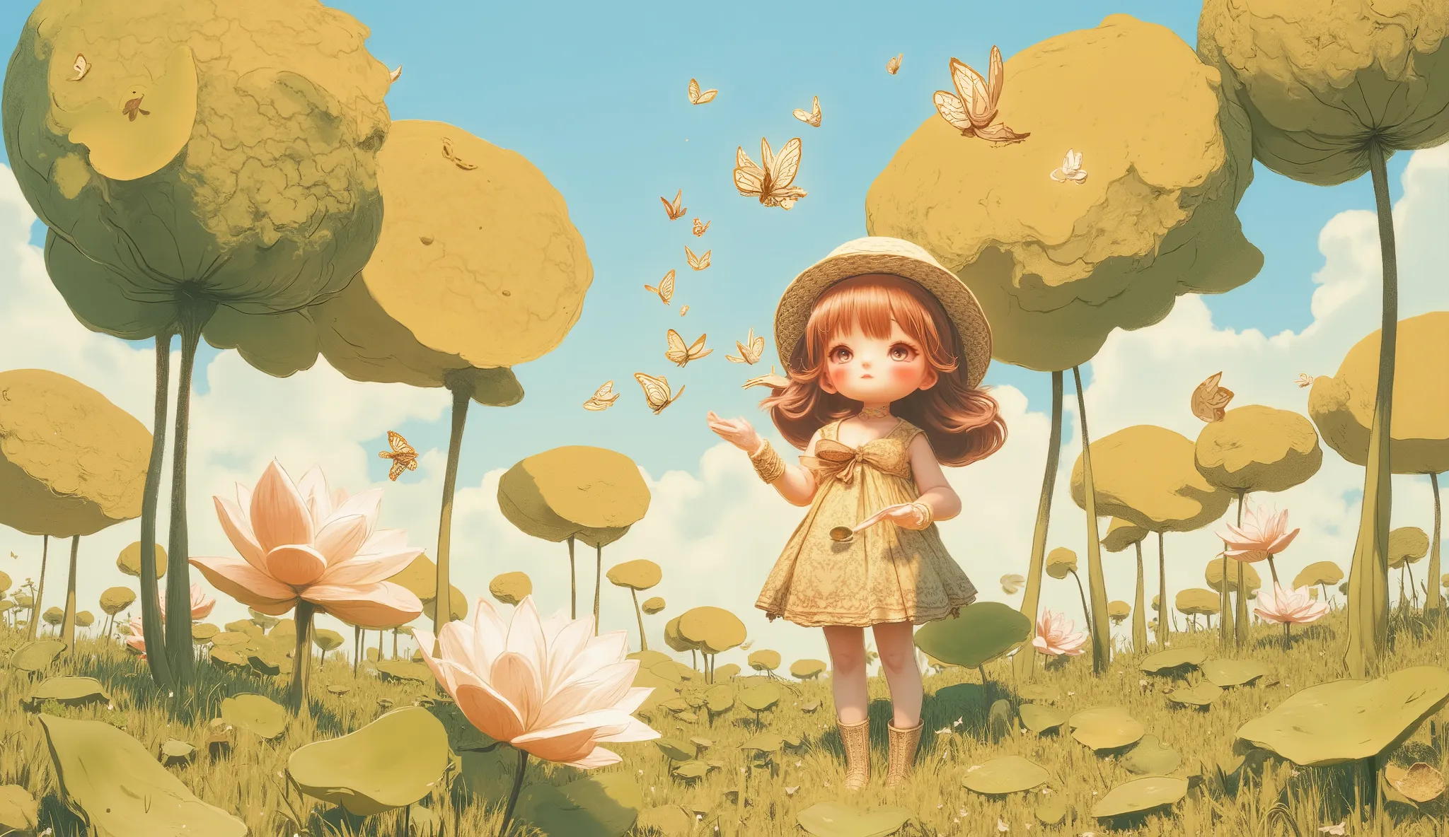 Whimsical art style, surreal fantasy, ethereal art, illustration. A girl in a summer dress and sun hat, releases a flock of butterflies in a field of giant lotus flowers. The lotus flowers are the size of trees and fill the entire background. Artstation, c...