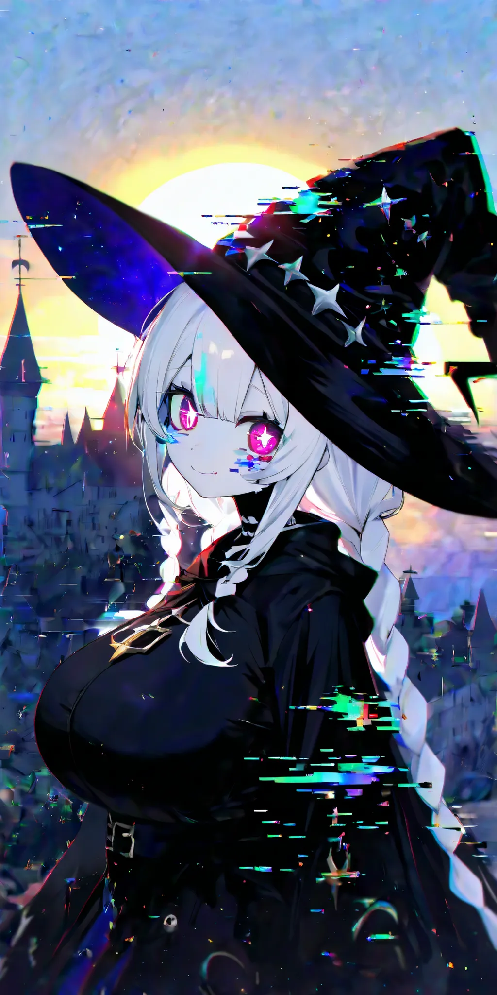 1girl, 0__11Xx_illu, 15546+456868, (glitchy noise),(multicolor glitch, glitch), overly detailed pupils, chromatic aberration, distorted, large breast, braids, bittersweet smile, white hair, white skin, cute eyes, witch girl, witch hat, black robe, sunrise...