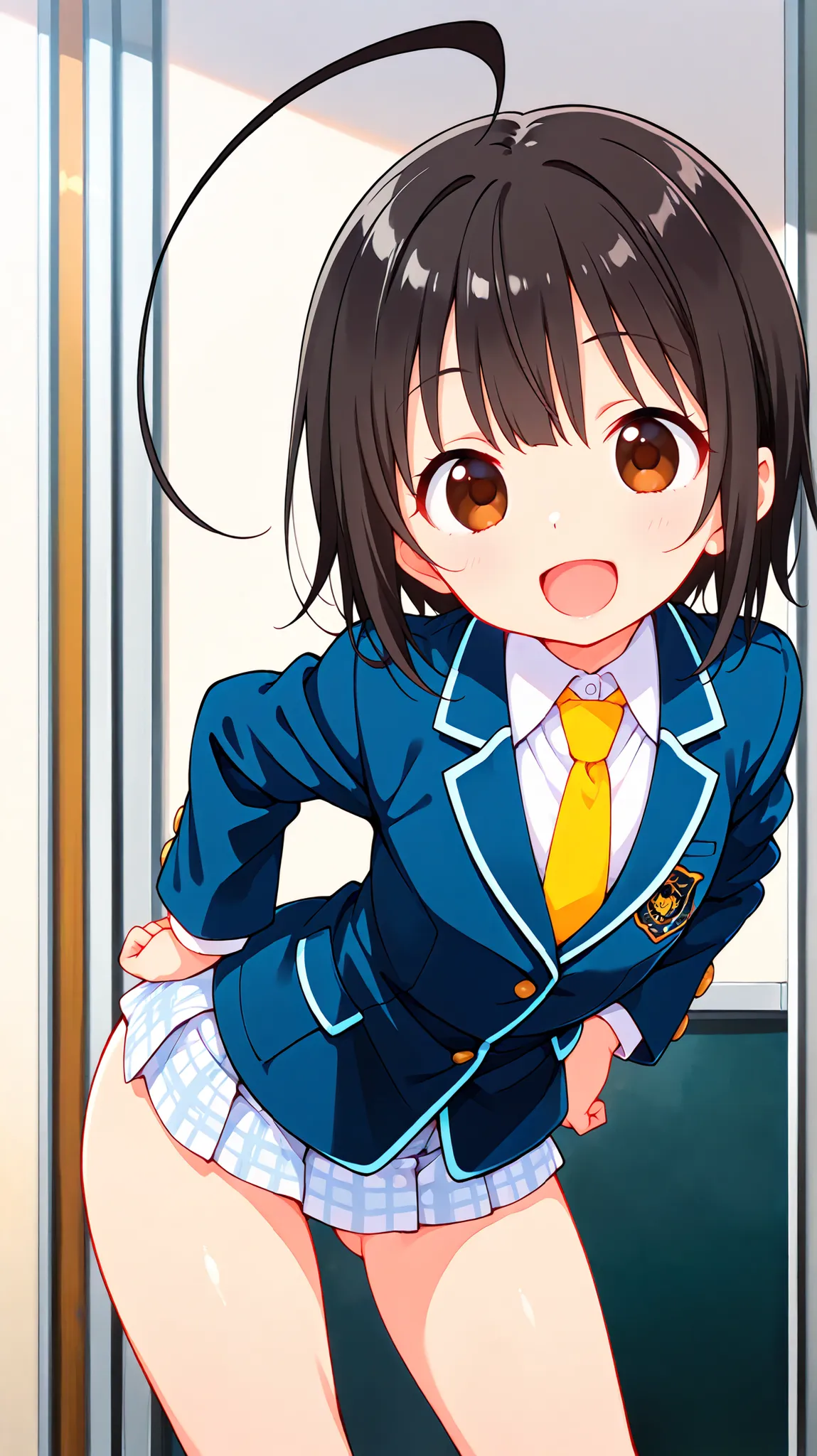 nsfw,((anime style)),score_9, score_8_up, score_7_up,masterpiece, best quality,ultra detail,,huge ahoge, negishi masako , 1girl , ((((((solo)))))),short hair,black hair ,long bangs,brown eyes,round eyes,(Flat Chest),school uniform,(((blue blazer))),light b...