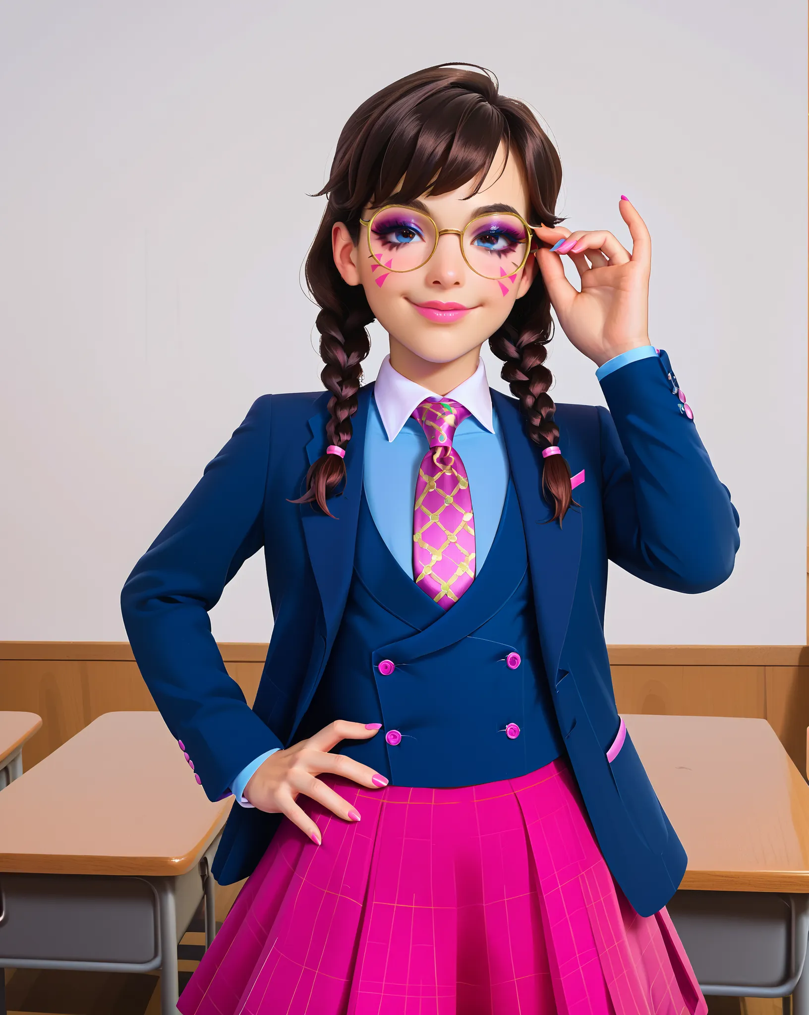 score_9, score_8_up, score_7_up,score_6_up, score_5_up, 2.5d, highly detailed,1girl, solo focus, medium shot , (three-piece suit), ((waistcoat)), suit jacket, blazer, open suit jacket academy dva, glasses , twin braids, classroom background, skirt, necktie...