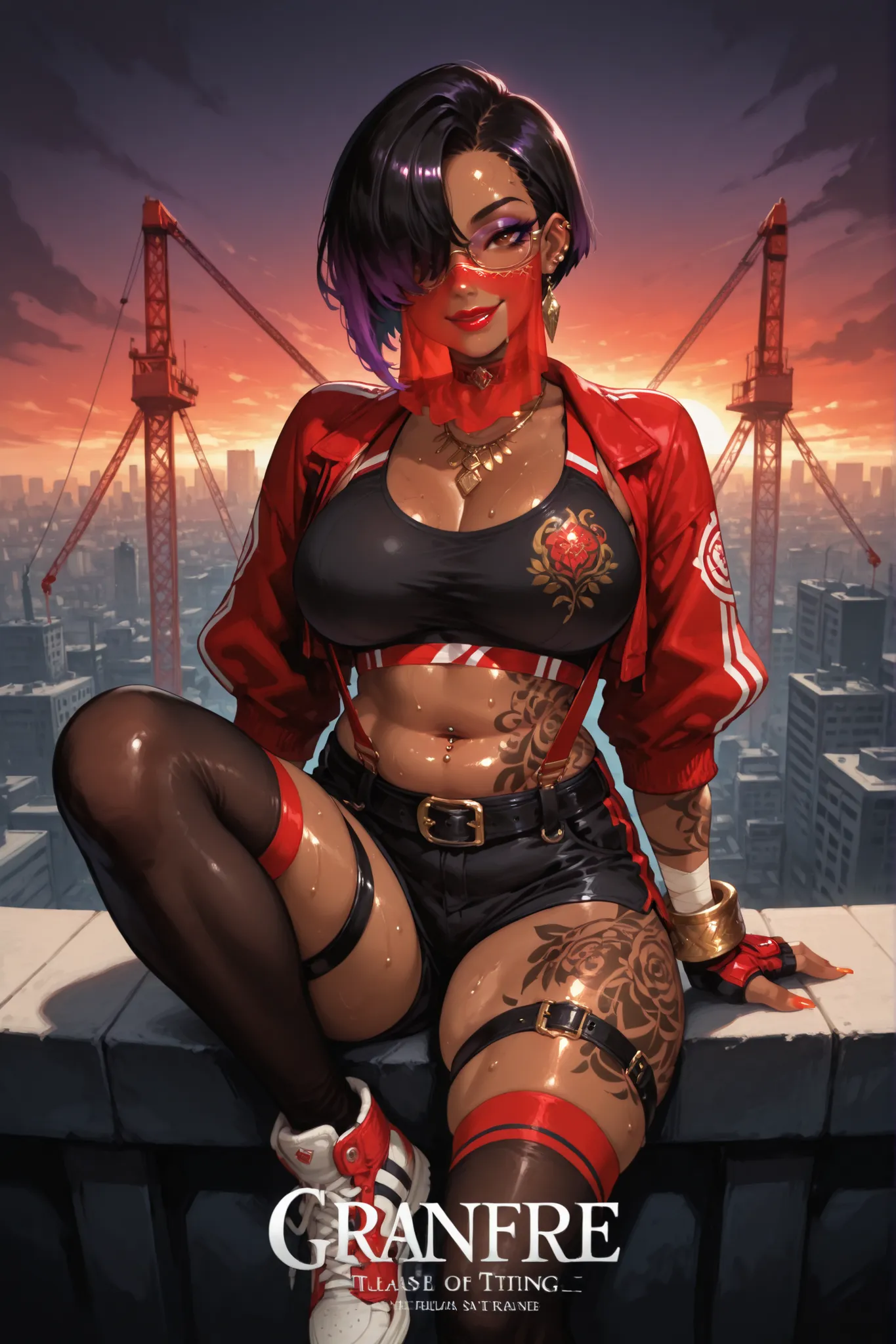 masterpiece, best quality, ultra high resolution, ultra-detailed, cinematic, movie poster style, vibrant colors, high contrast, 3 characters, dynamic composition, 1girl, african american, dark skin, transgender, milf, large natural breasts, sidecut, asymme...