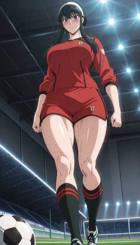 1woman, solo, Source_anime, soccer ground, wearing Soccer jersey, soccer shorts, socks, Soccer shoes, Soccer ball in ground, cinematic lighting, perfect lighting, detailed lighting, cinematic bloom,Quality_masterpiece, Anatomically correct, Beautiful face,...
