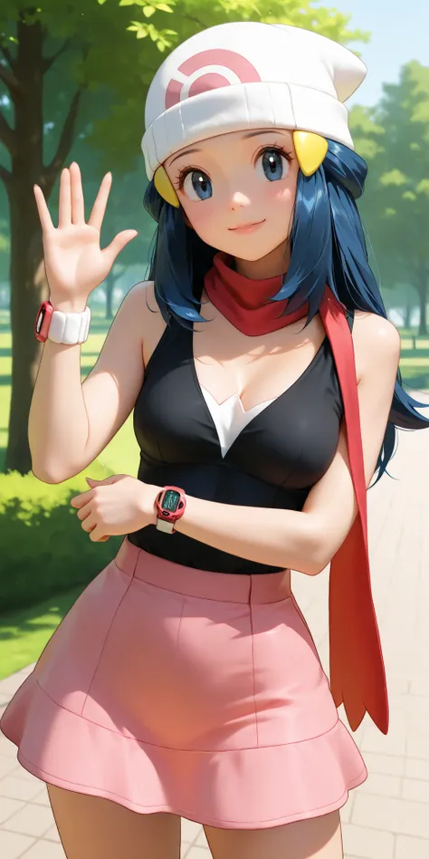 almost realistic, almost realistic, almost realistic, front view, looking at viewer, gentle smile, 1 girl - Dawn from Pokemon, aadawn, long hair, blue hair, beanie, white headwear, hair ornament, blue eyes, breasts, red scarf, sleeveless shirt, black shirt...