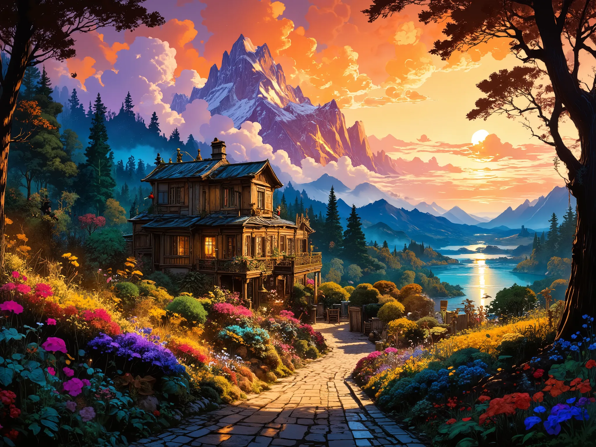 A small village by the river, color of the mountain in the background, colorful flower flowers, detailed landscape, beautiful natural landscapes, atmospheric lighting, scorching sunset, warm colors, Practical, фотоPractical, detailed foliage, complex build...
