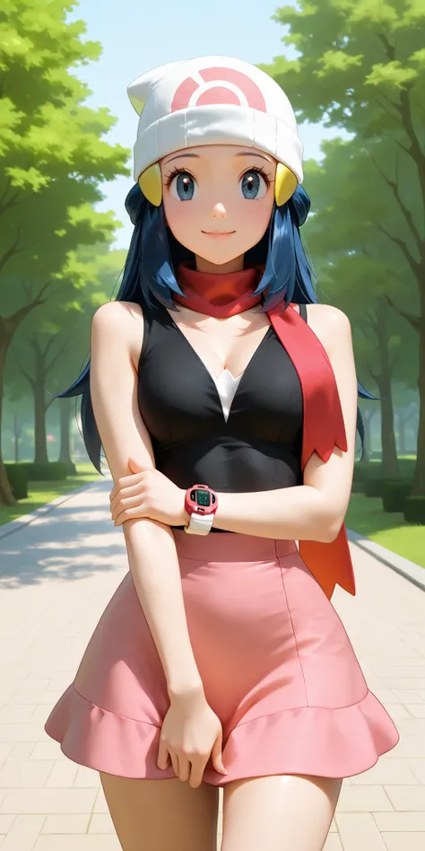 almost realistic, almost realistic, almost realistic, front view, looking at viewer, gentle smile, 1 girl - Dawn from Pokemon, aadawn, long hair, blue hair, beanie, white headwear, hair ornament, blue eyes, breasts, red scarf, sleeveless shirt, black shirt...